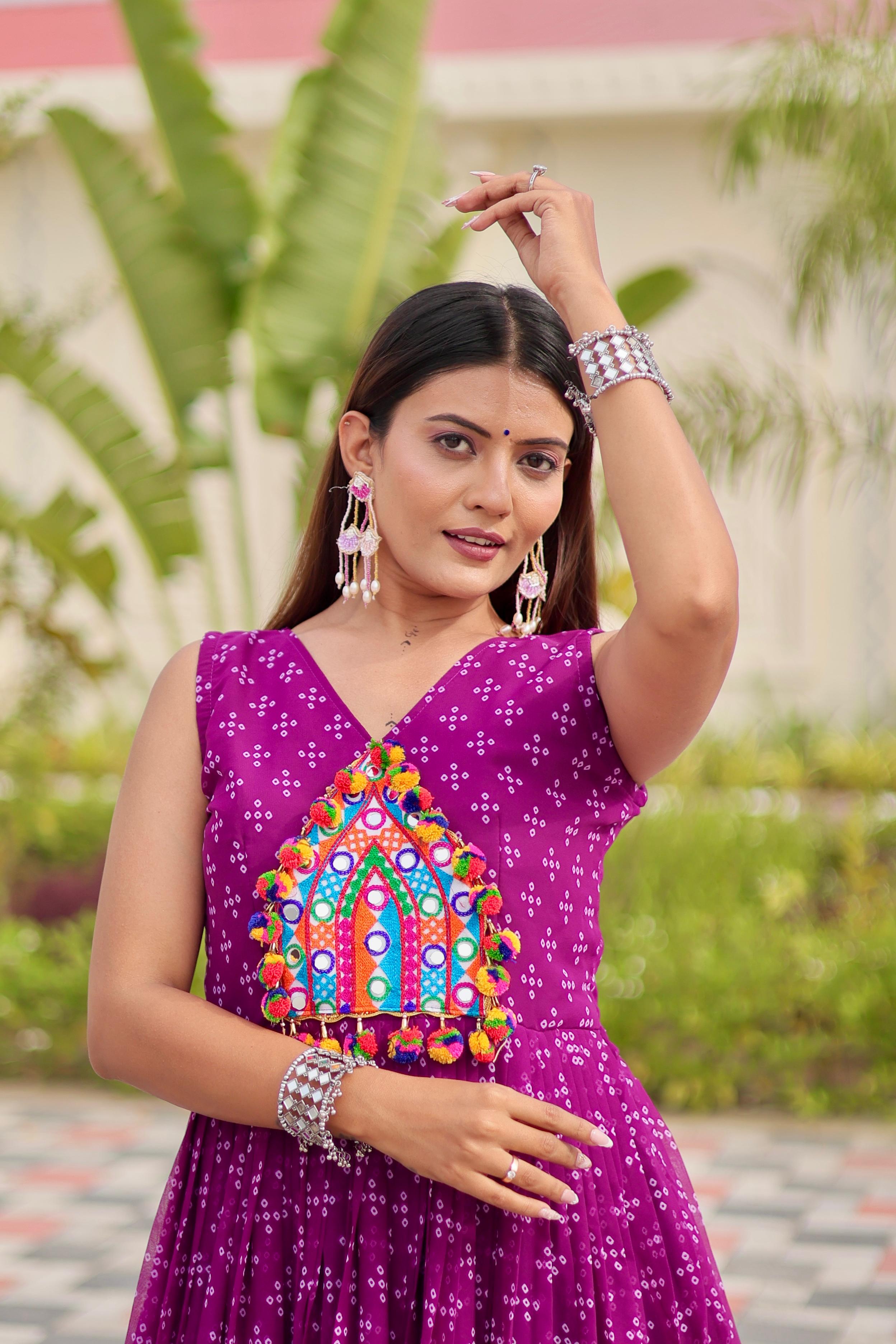 Womenline Purple Color Foux Georgette Navratri Gown