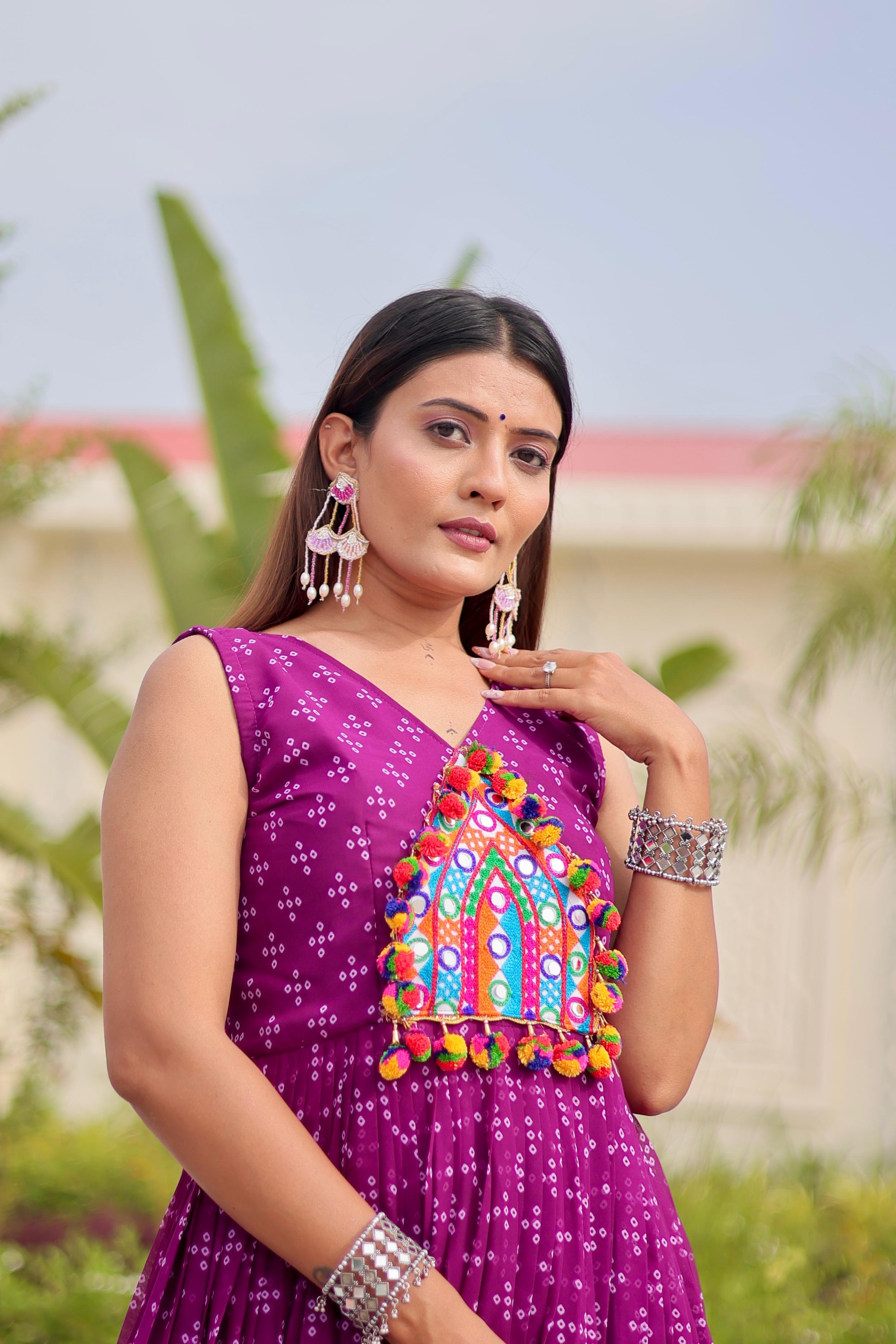 Womenline Purple Color Foux Georgette Navratri Gown