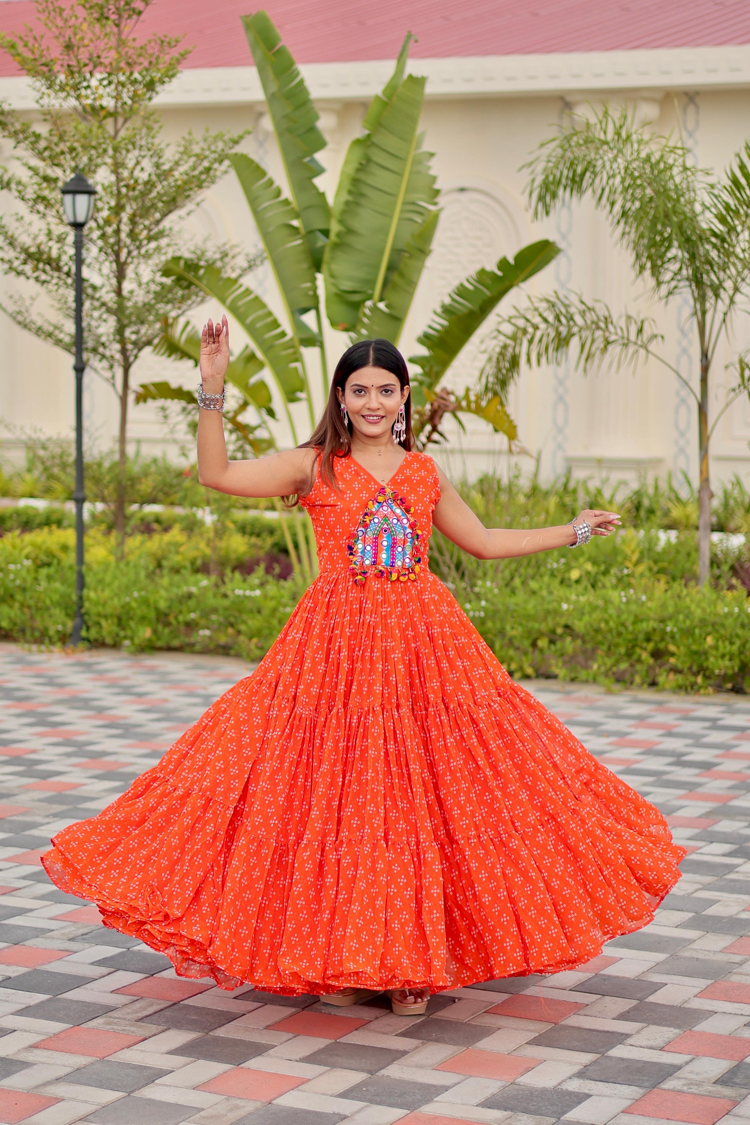 Womenline Orange Color Foux Georgette Navratri Gown