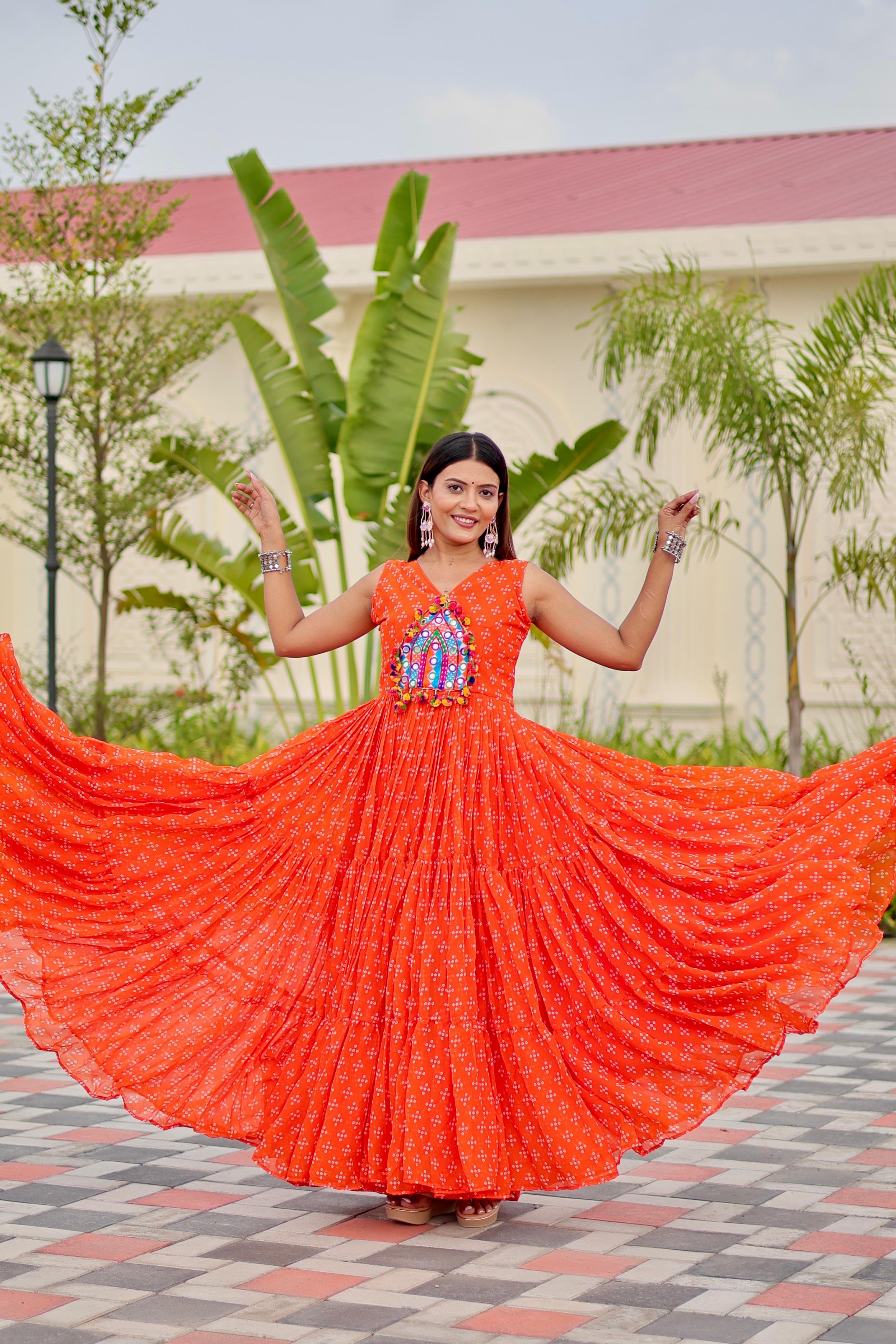 Womenline Orange Color Foux Georgette Navratri Gown