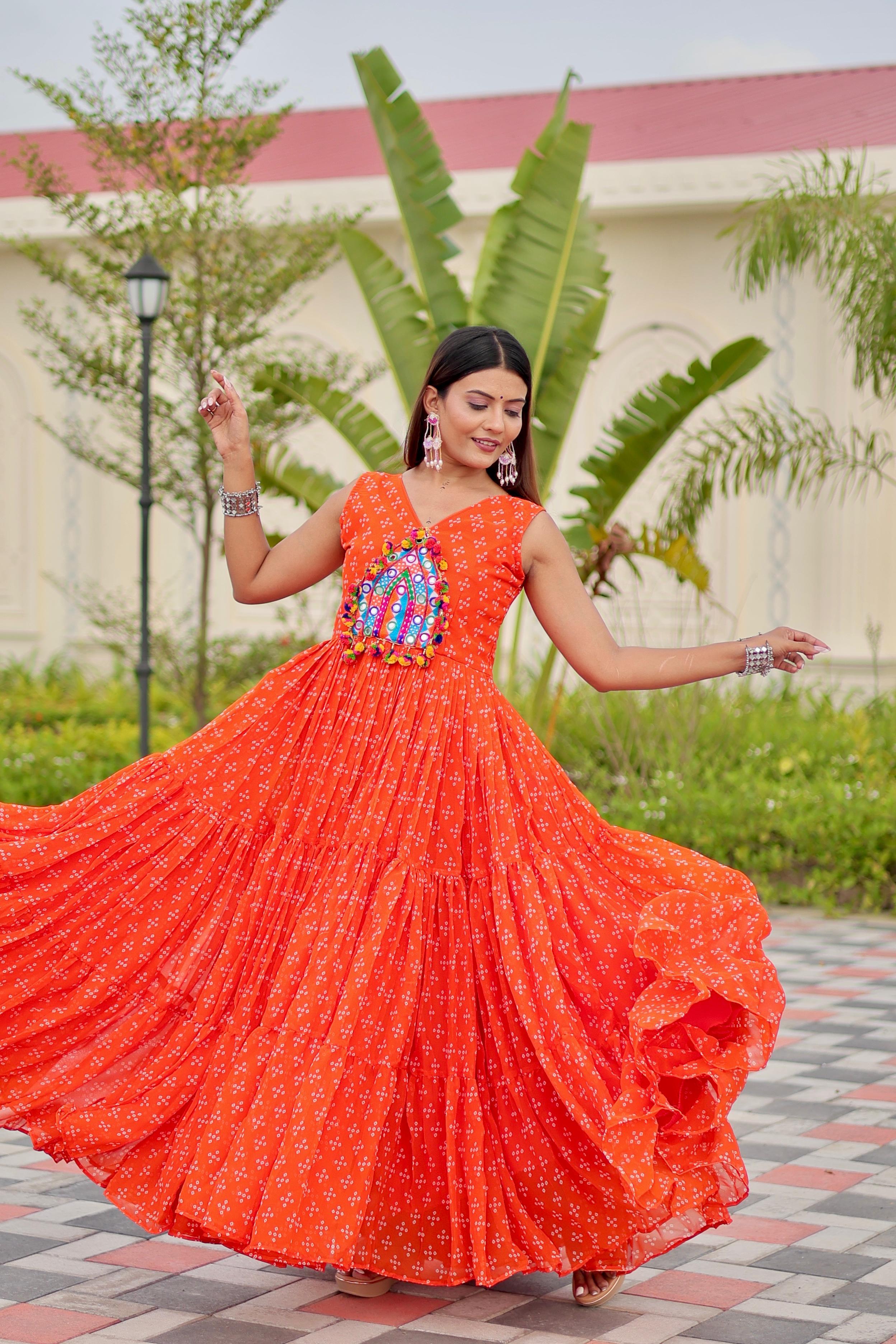 Womenline Orange Color Foux Georgette Navratri Gown