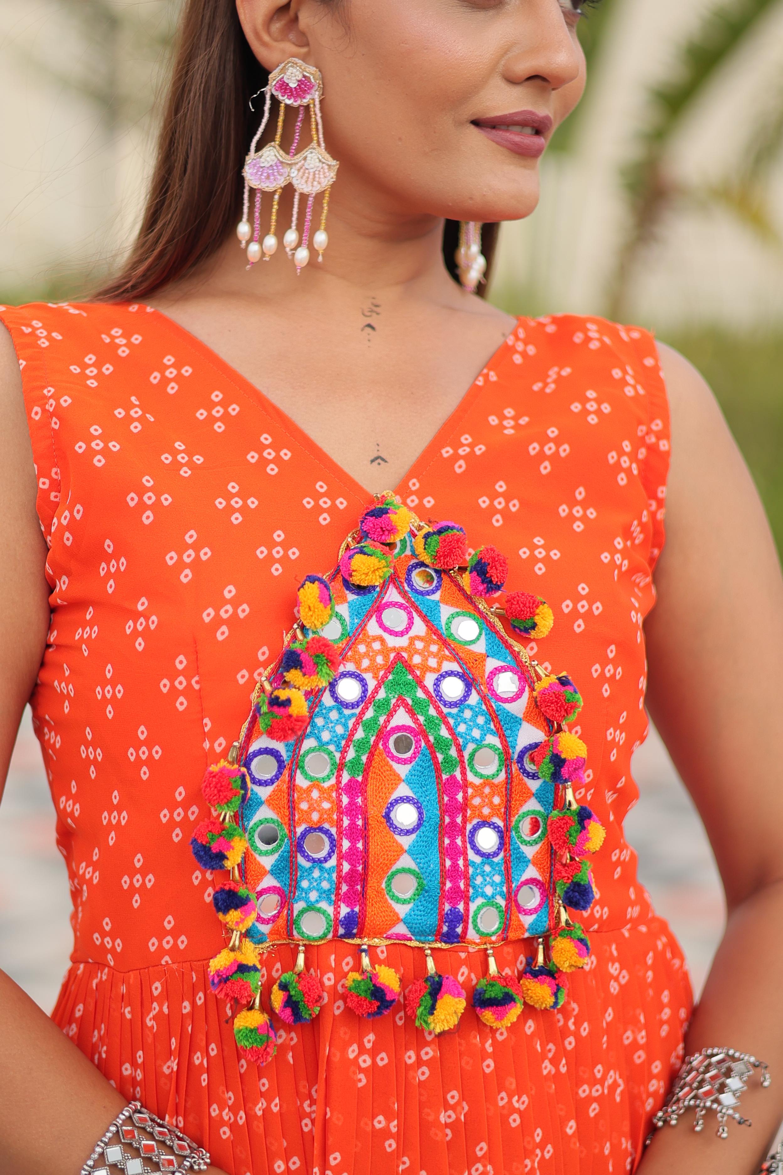 Womenline Orange Color Foux Georgette Navratri Gown