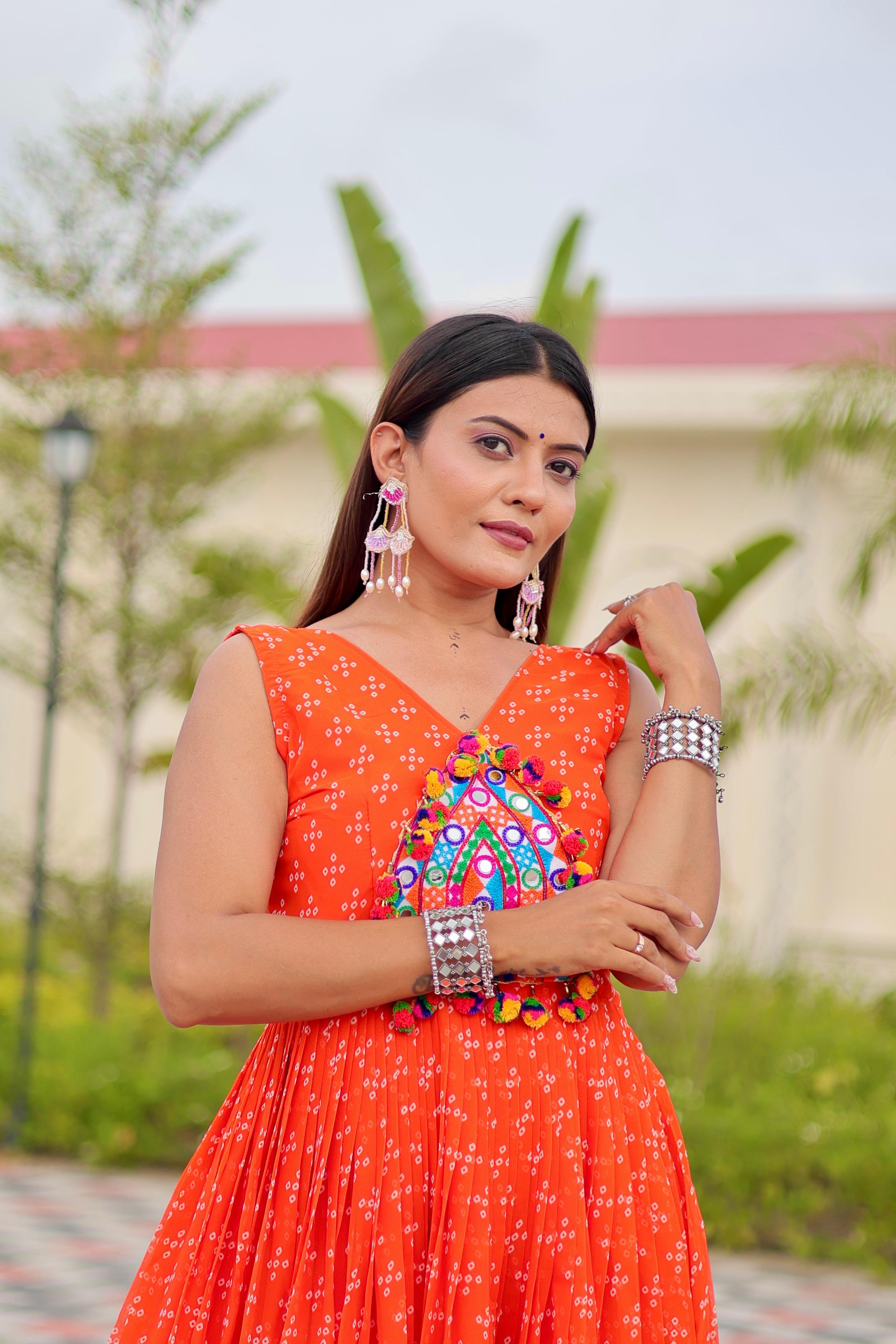 Womenline Orange Color Foux Georgette Navratri Gown