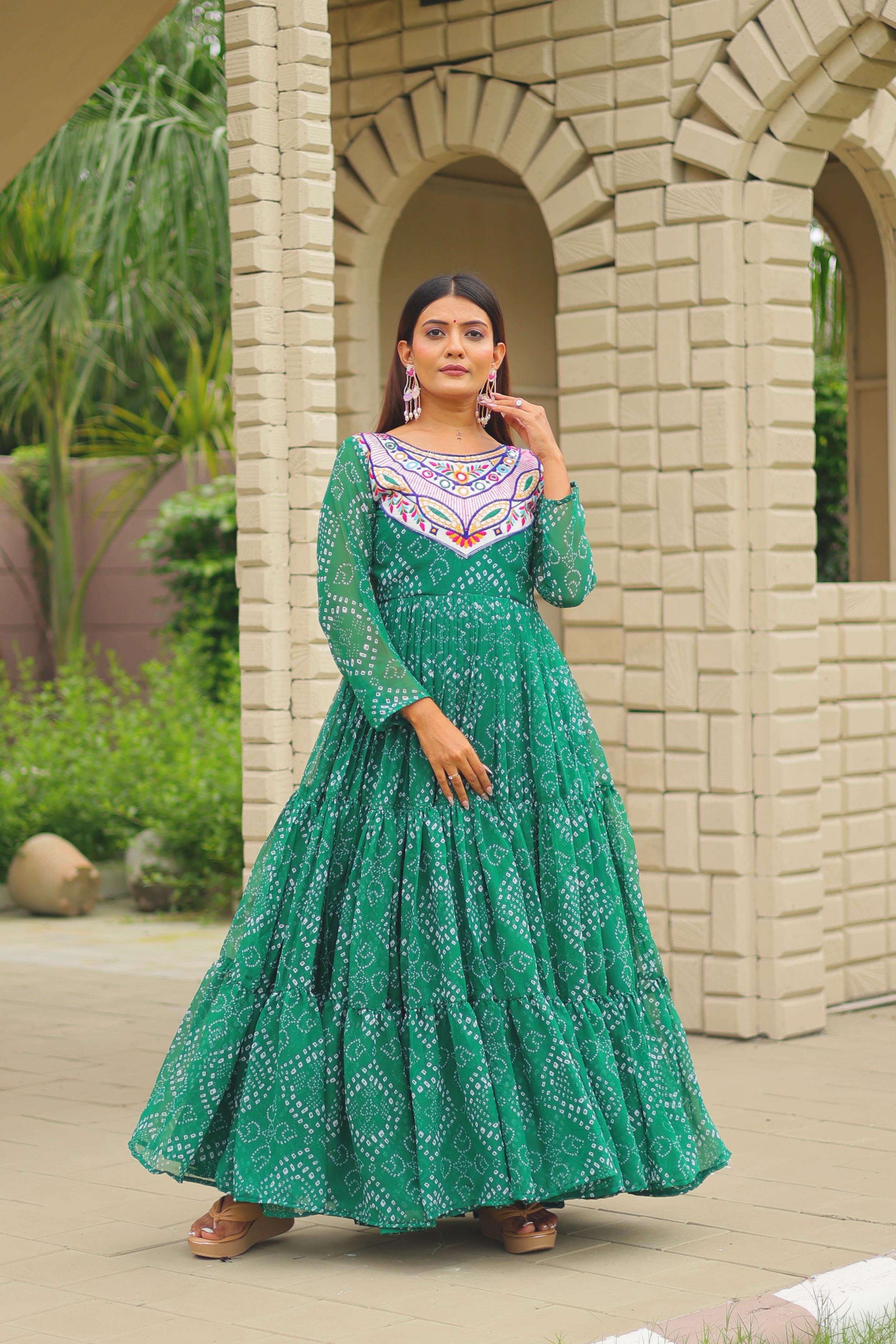 Womenline Green Color Foux Georgette Navratri Gown