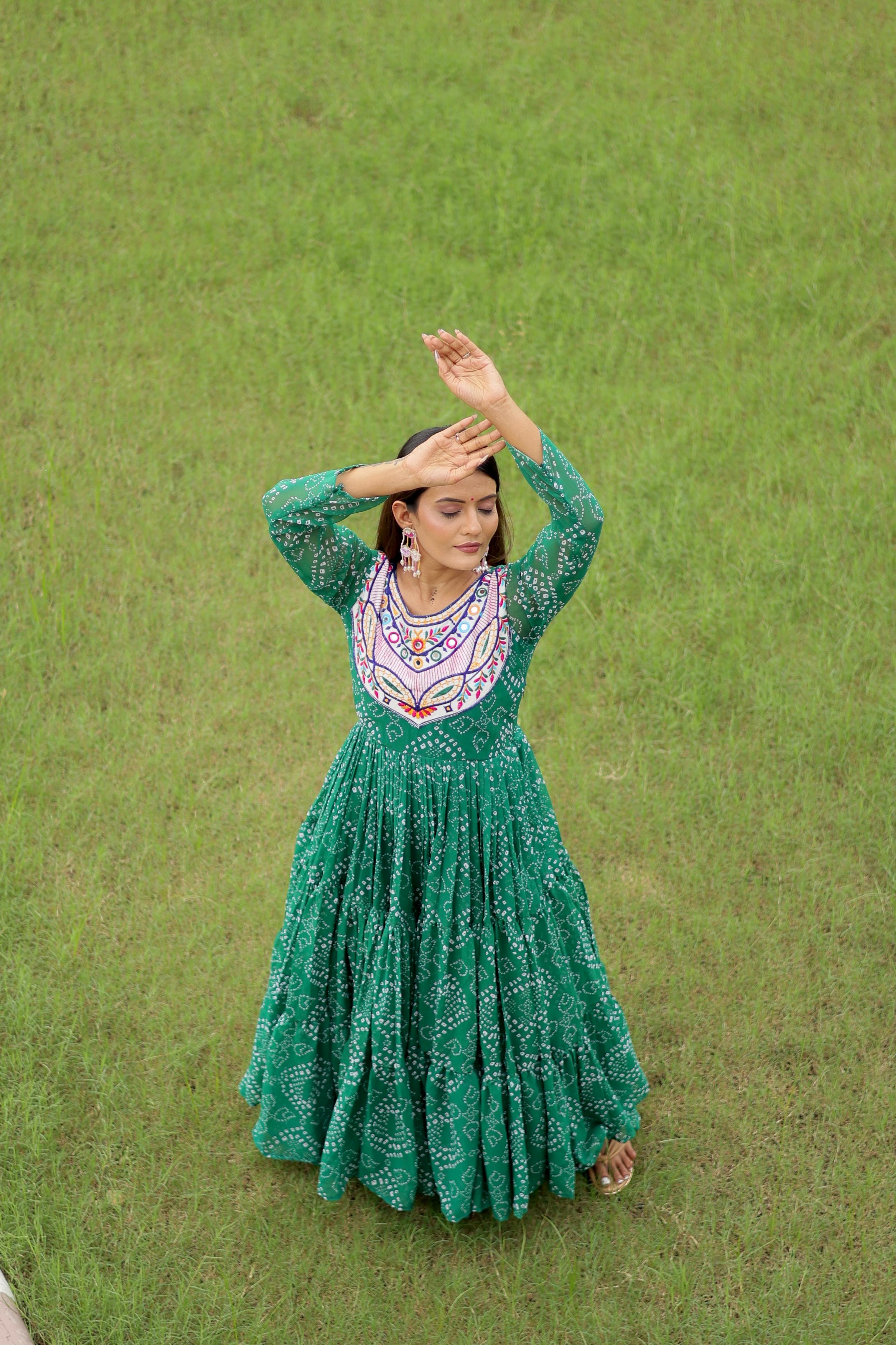 Womenline Green Color Foux Georgette Navratri Gown