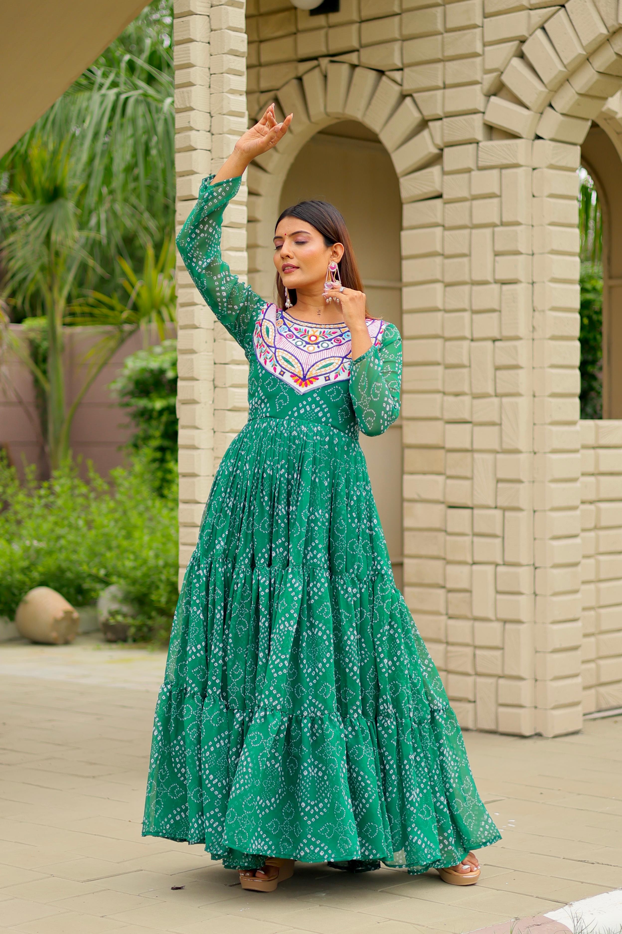 Womenline Green Color Foux Georgette Navratri Gown