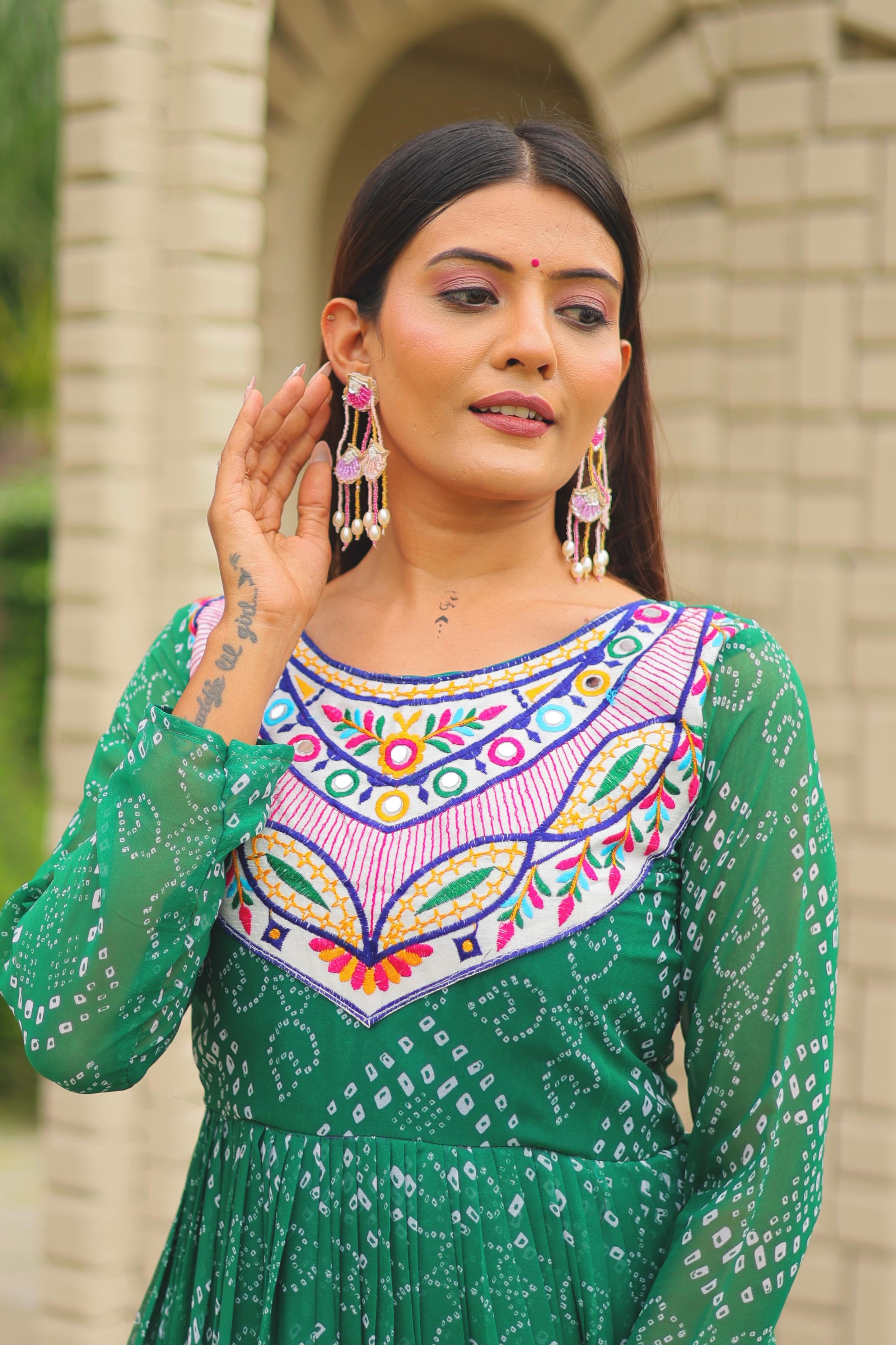 Womenline Green Color Foux Georgette Navratri Gown