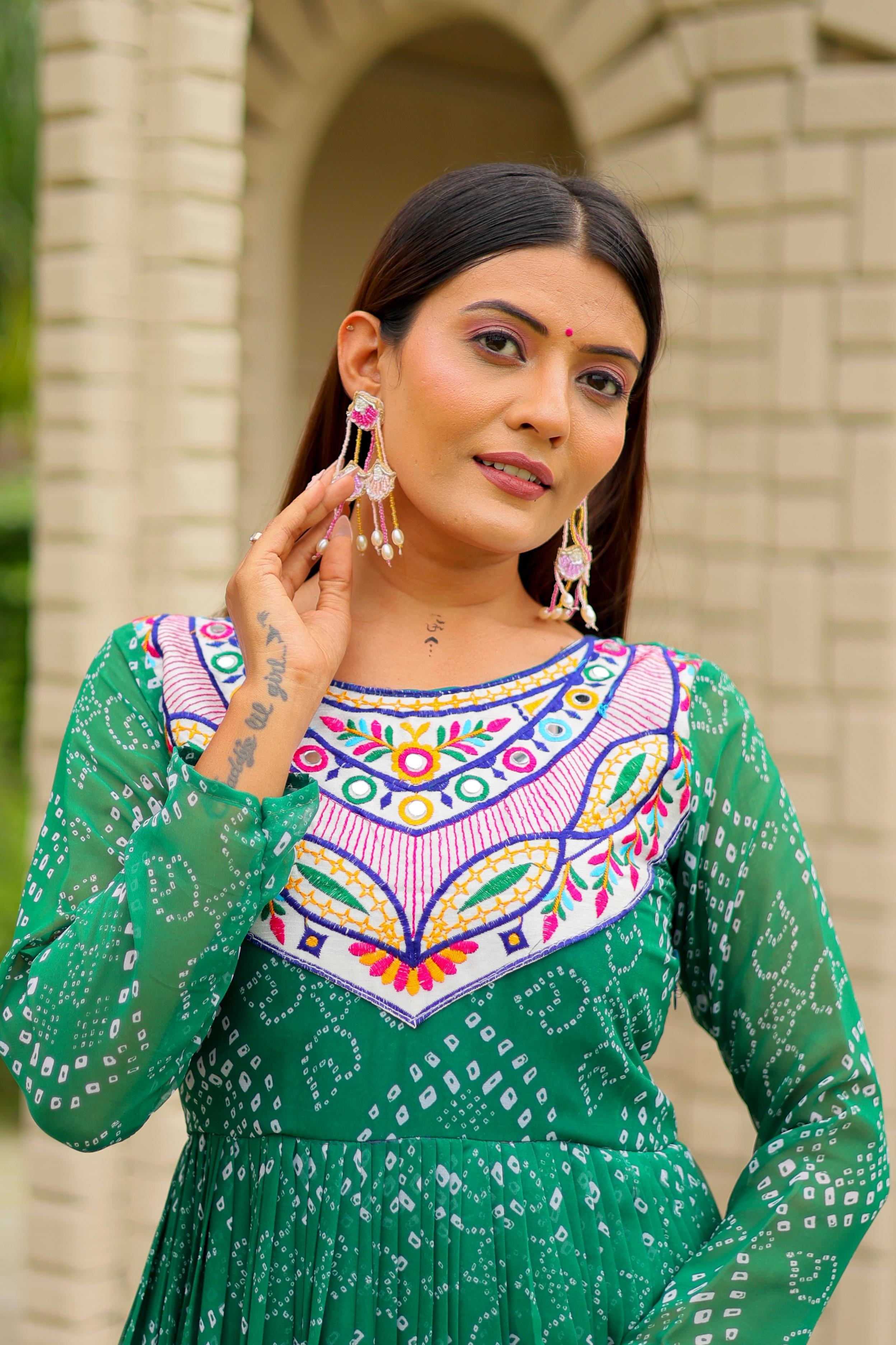 Womenline Green Color Foux Georgette Navratri Gown