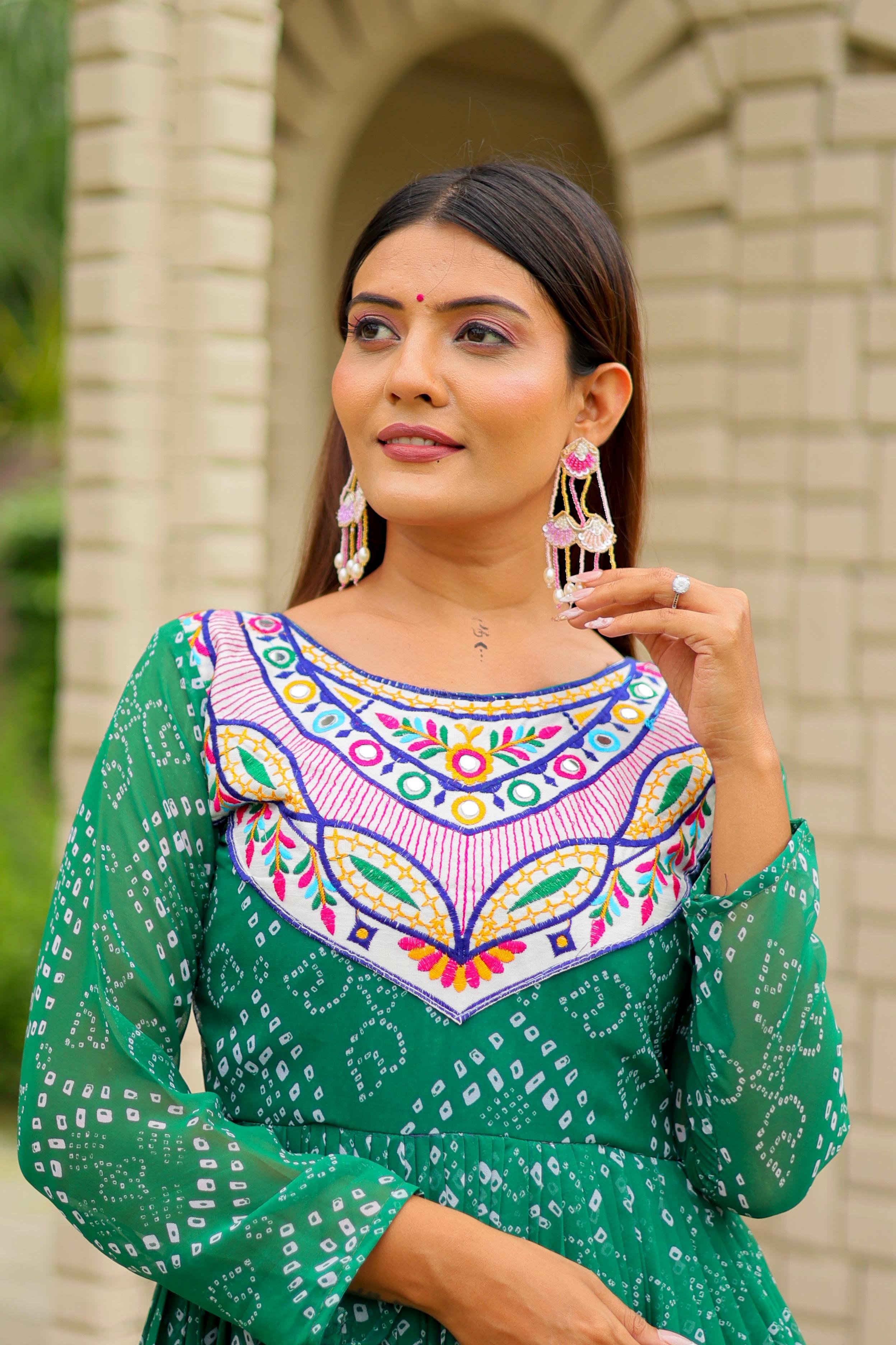 Womenline Green Color Foux Georgette Navratri Gown