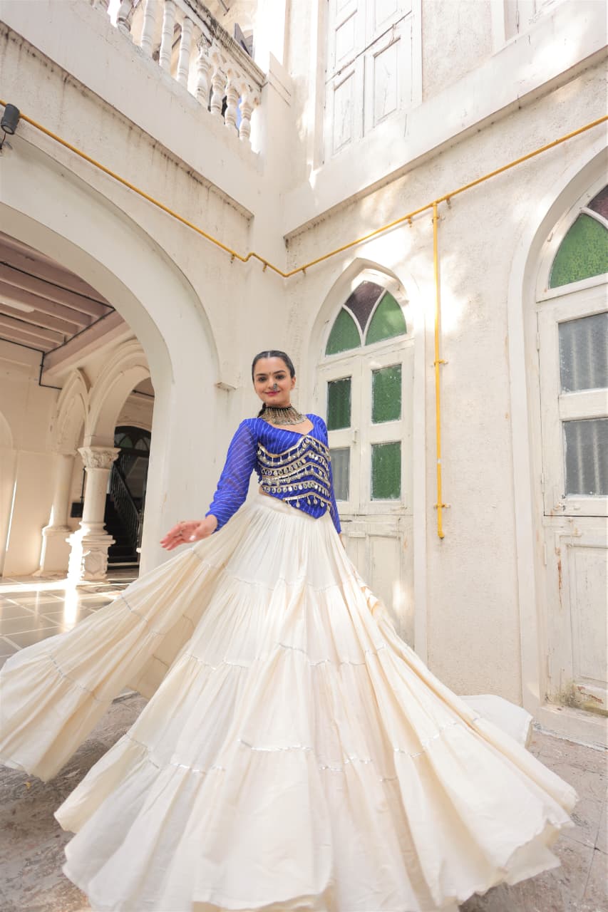 Womenline Blue Color Kora Cotton Navratri Lehenga Choli