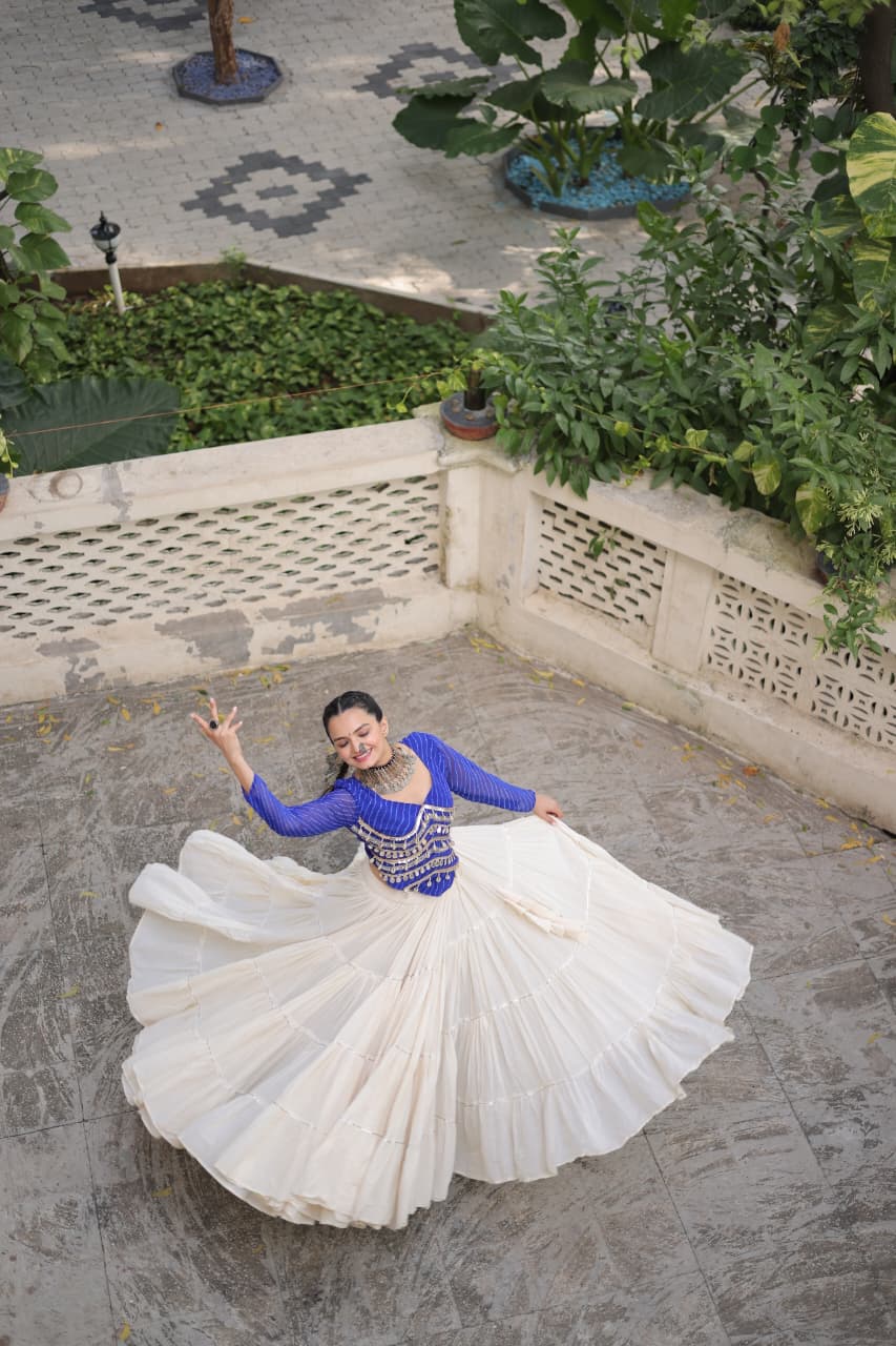 Womenline Blue Color Kora Cotton Navratri Lehenga Choli