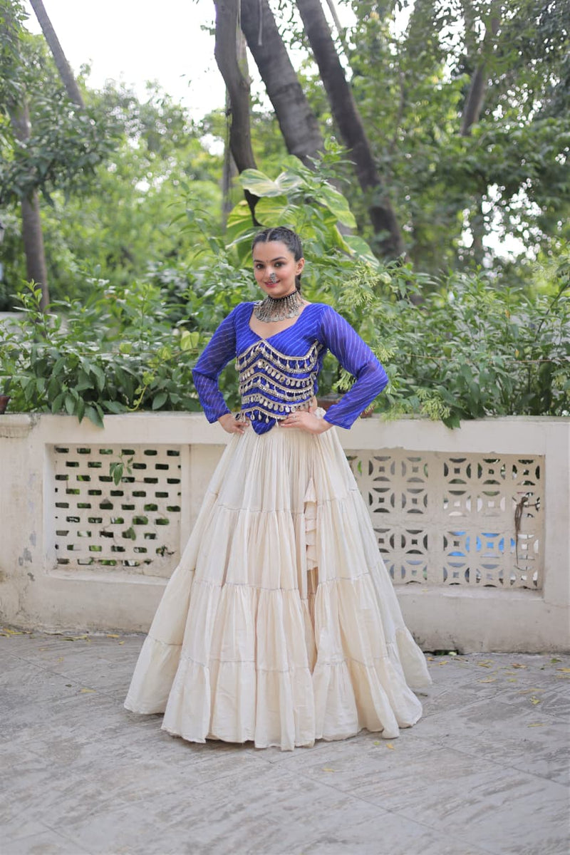 Womenline Blue Color Kora Cotton Navratri Lehenga Choli