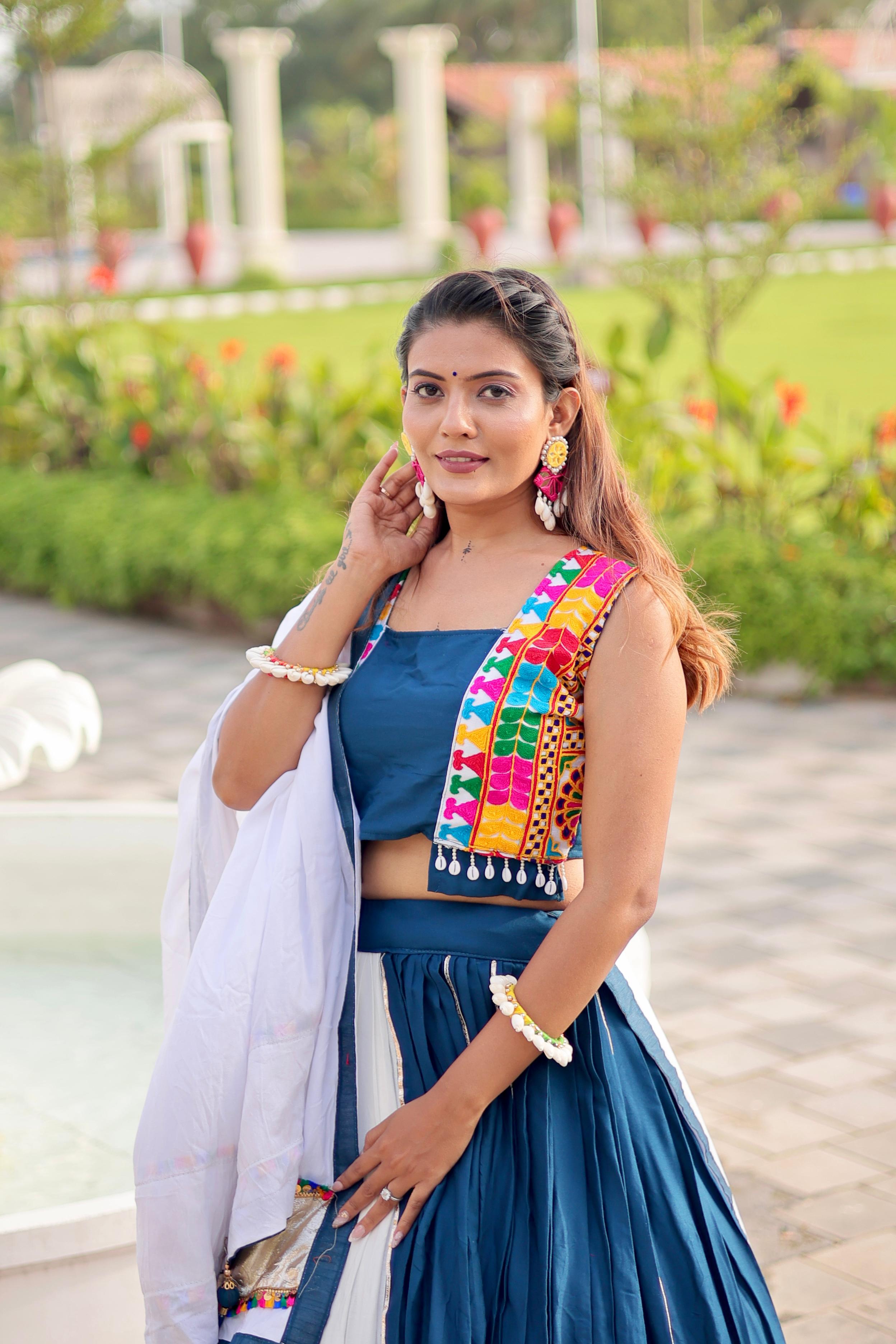 Womenline White Color Cotton Navratri Lehenga Choli