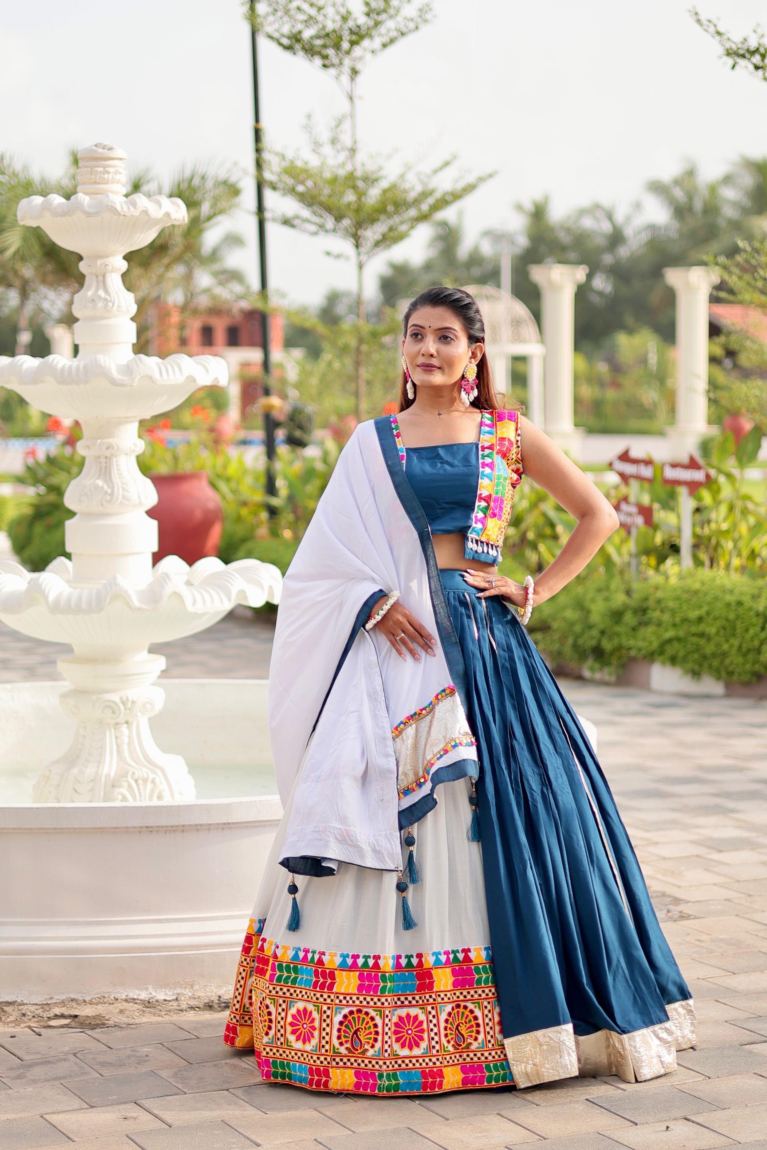 Womenline White Color Cotton Navratri Lehenga Choli