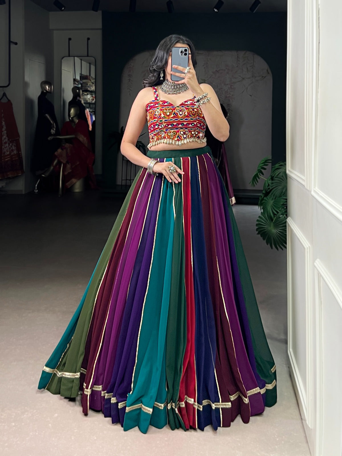Womenline Multi Color Georgette Navratri Lehenga With Gamthi Choli