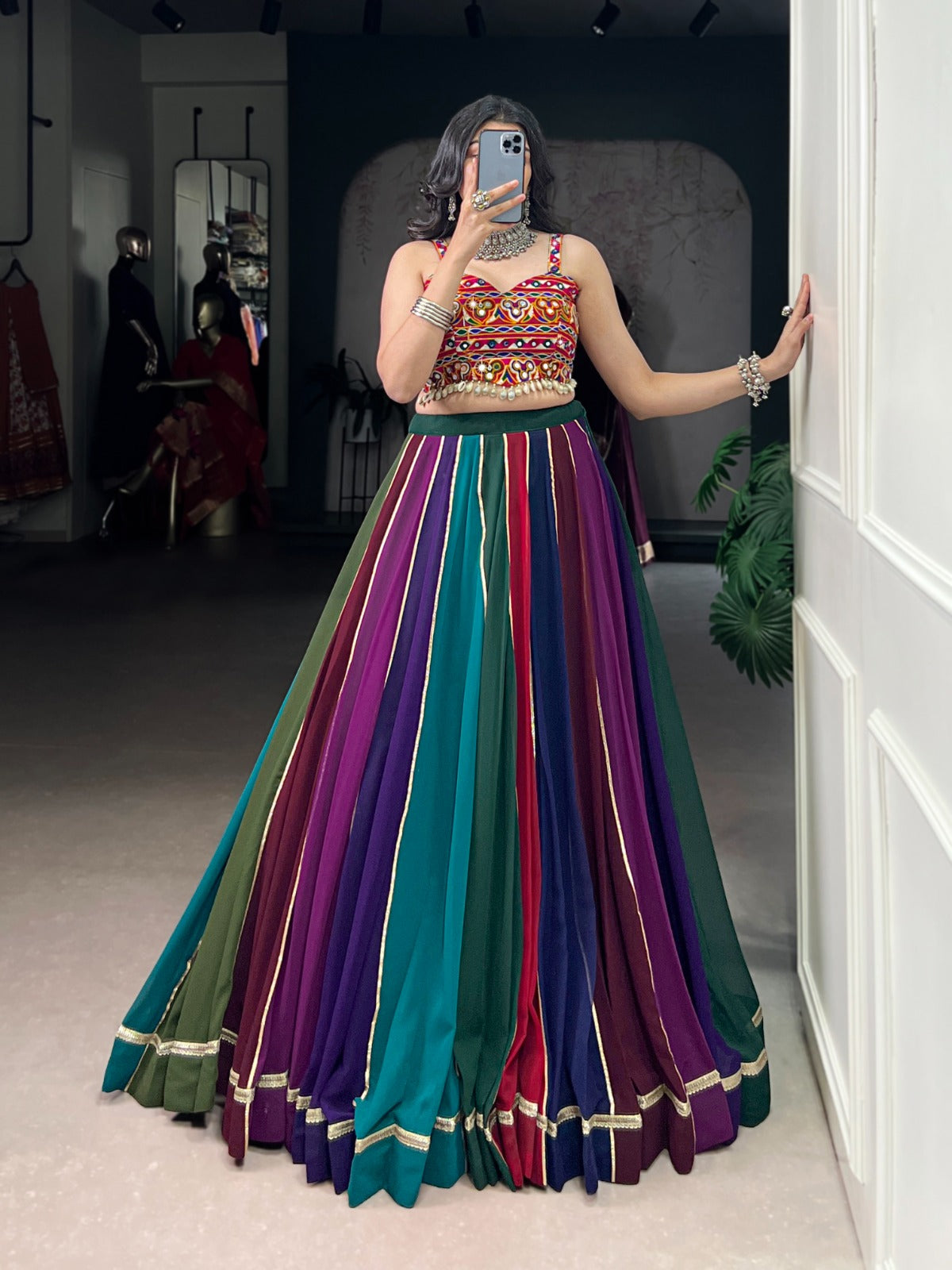 Womenline Multi Color Georgette Navratri Lehenga With Gamthi Choli