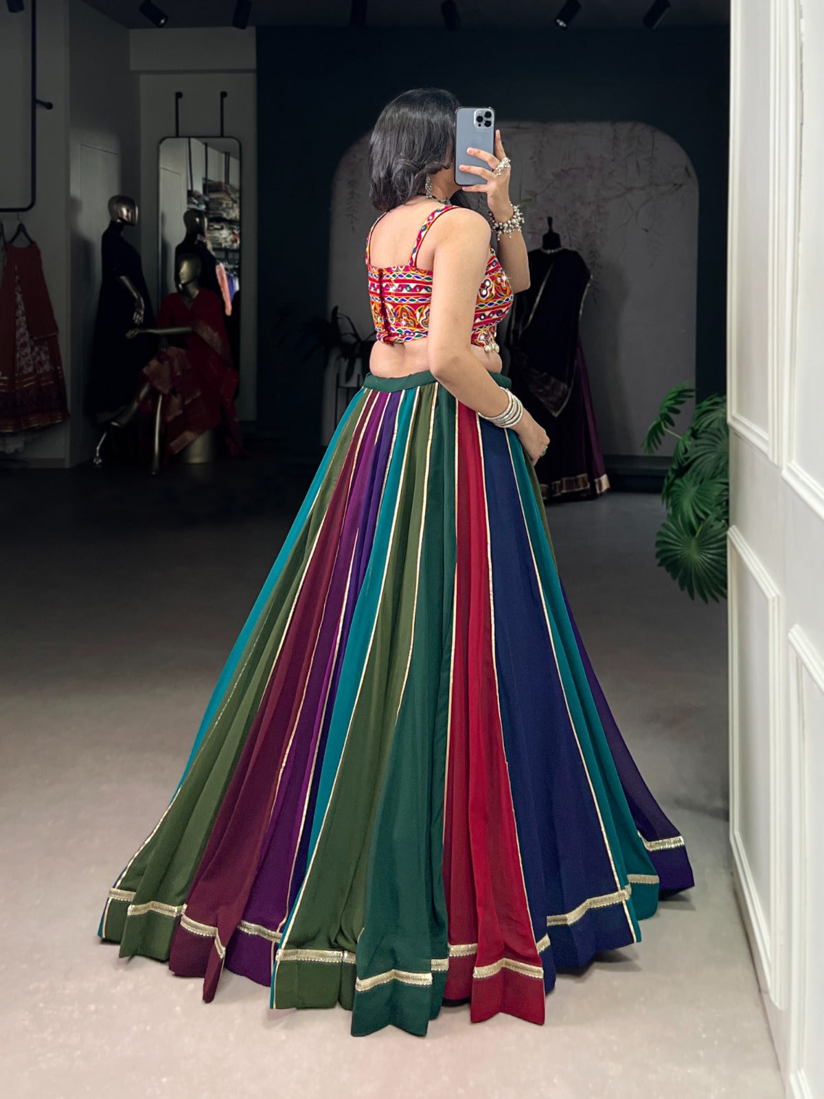 Womenline Multi Color Georgette Navratri Lehenga With Gamthi Choli