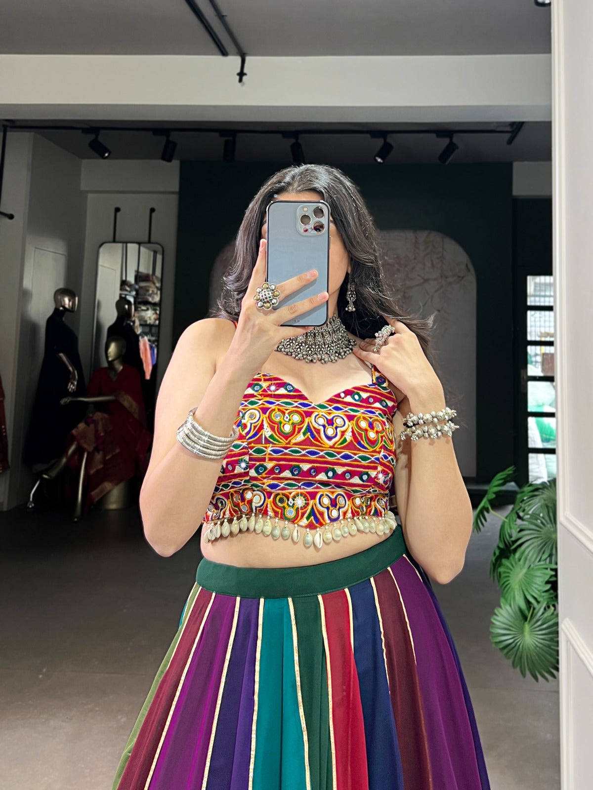 Womenline Multi Color Georgette Navratri Lehenga With Gamthi Choli