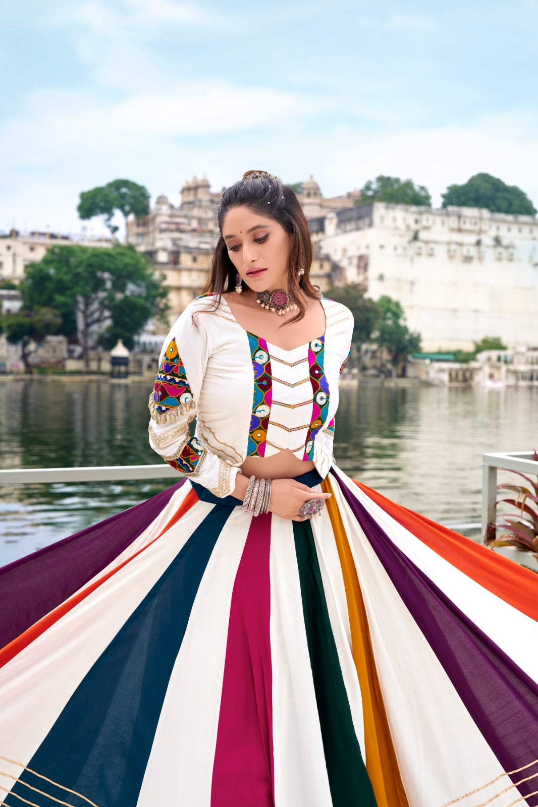 Womenline Ethnic Rayon Gamthi Embroidery Multi-Color Navratri Lehenga Choli