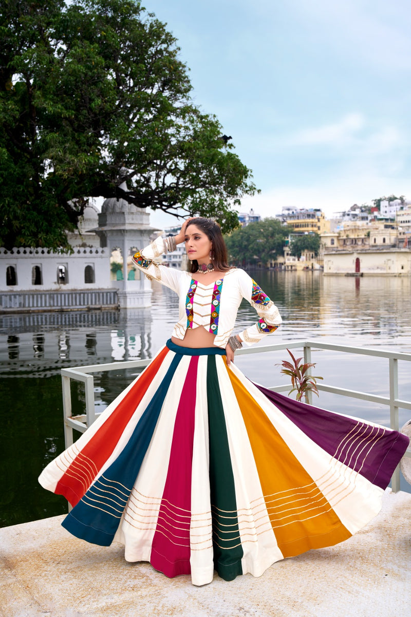 Womenline Ethnic Rayon Gamthi Embroidery Multi-Color Navratri Lehenga Choli
