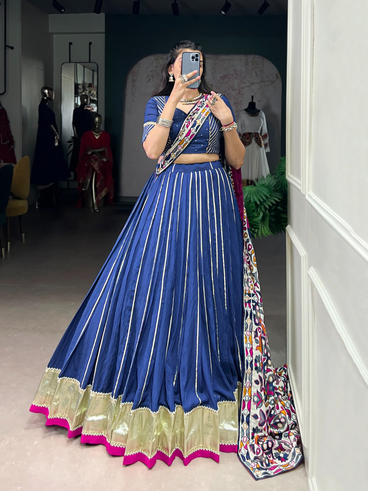 Womenline Traditional Firozi Color Chanderi Navratri Lehenga Choli