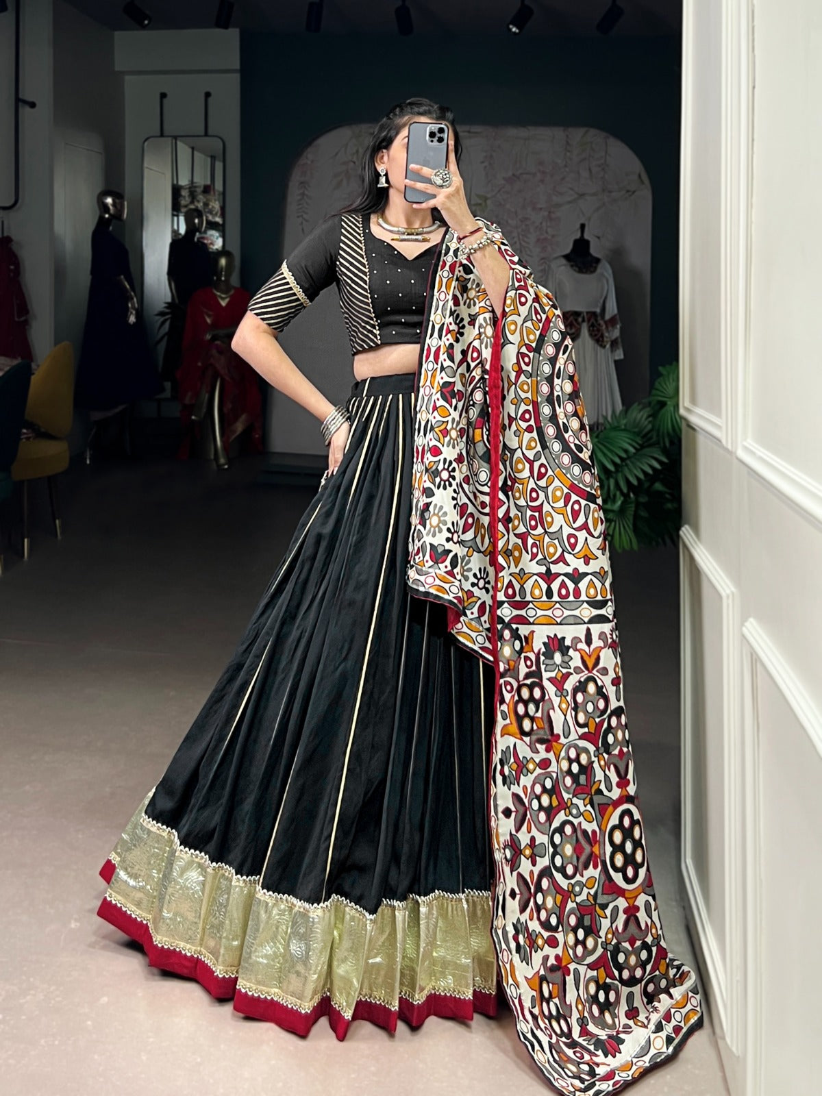 Womenline Traditional Black Color Chanderi Navratri Lehenga Choli