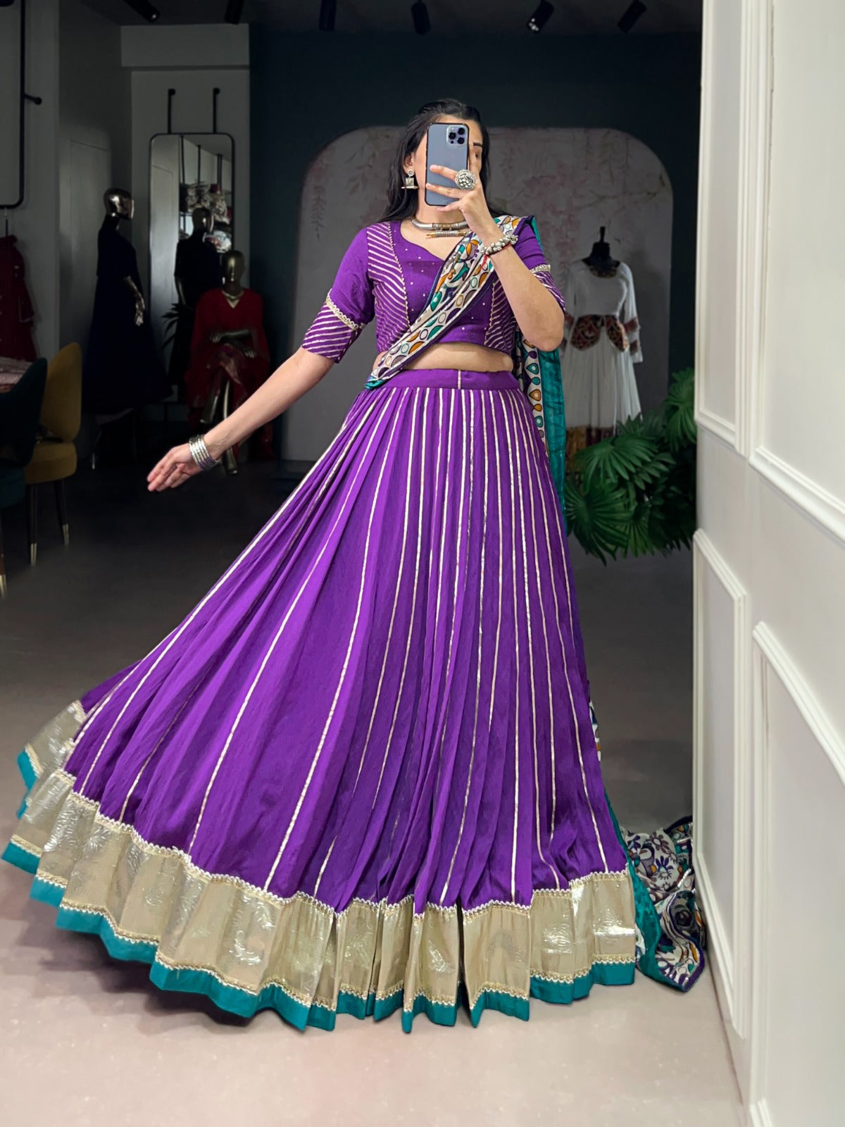 Womenline Traditional Purple Color Chanderi Navratri Lehenga Choli