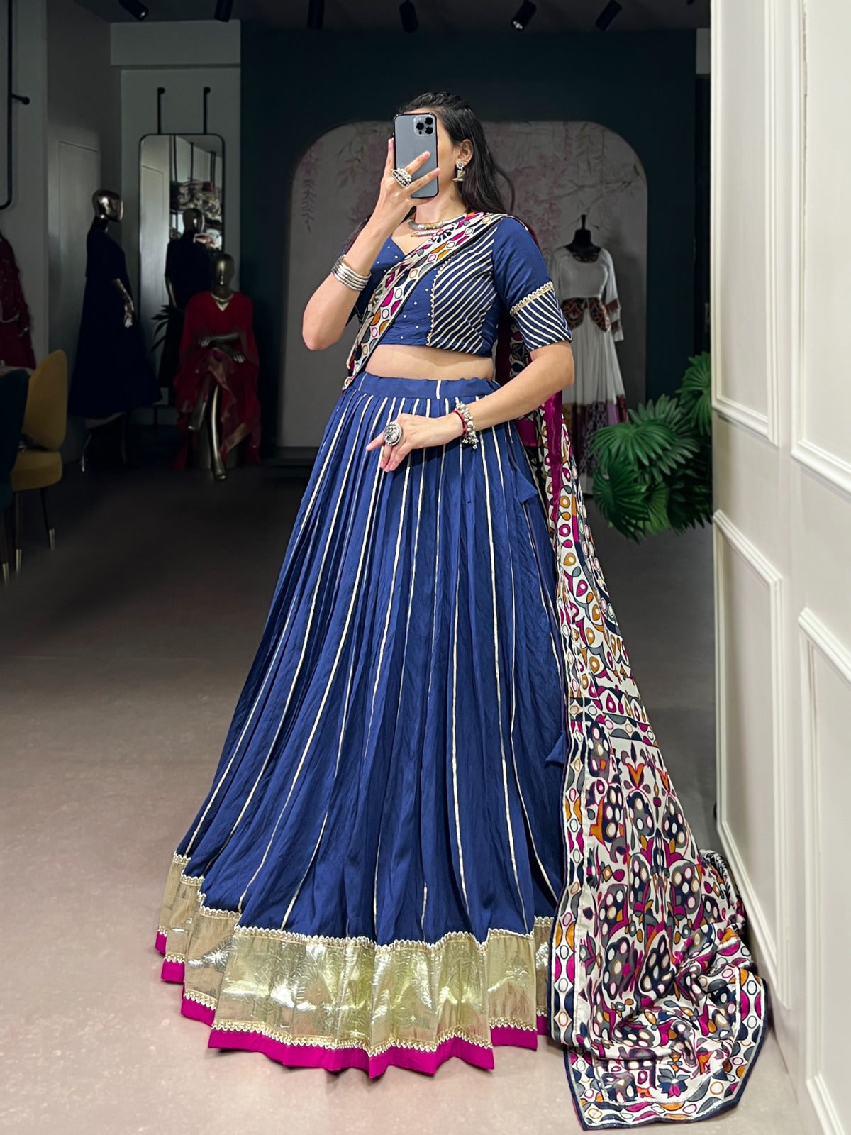 Womenline Traditional Firozi Color Chanderi Navratri Lehenga Choli