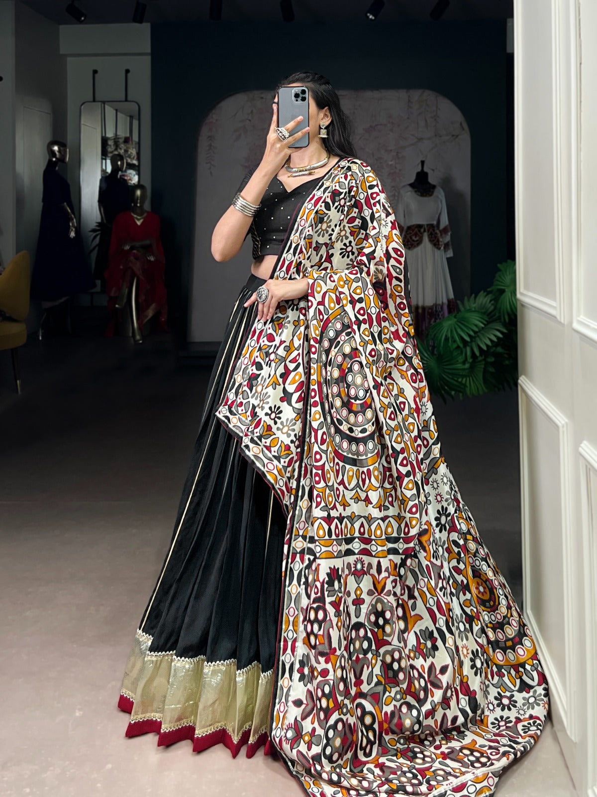 Womenline Traditional Black Color Chanderi Navratri Lehenga Choli