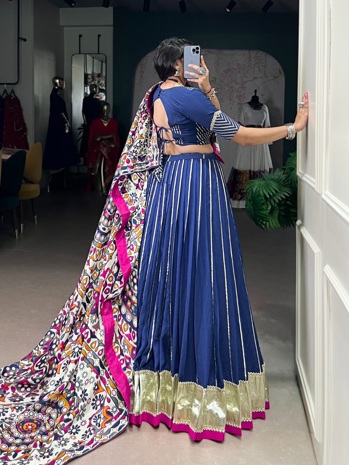 Womenline Traditional Firozi Color Chanderi Navratri Lehenga Choli