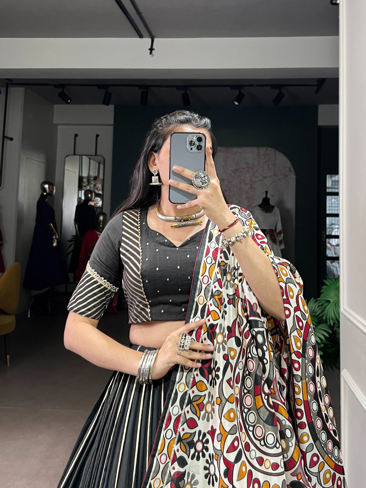 Womenline Traditional Black Color Chanderi Navratri Lehenga Choli