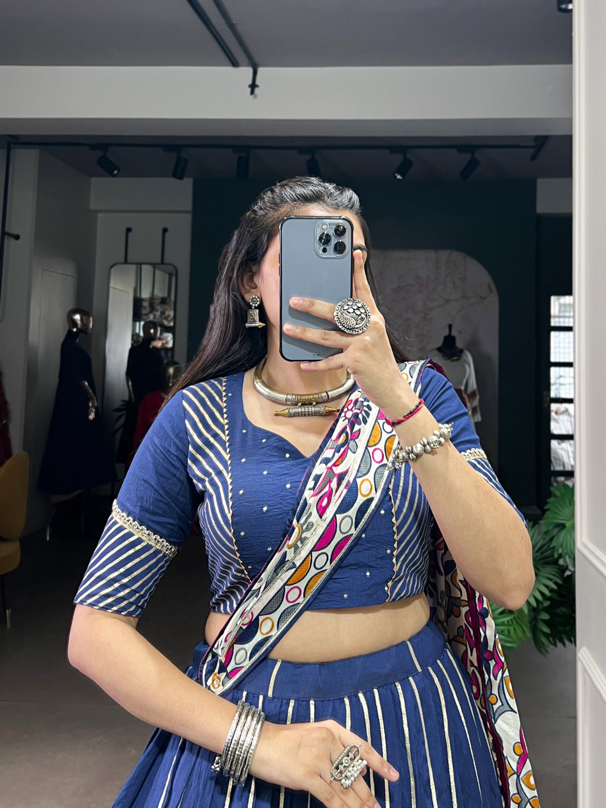 Womenline Traditional Firozi Color Chanderi Navratri Lehenga Choli