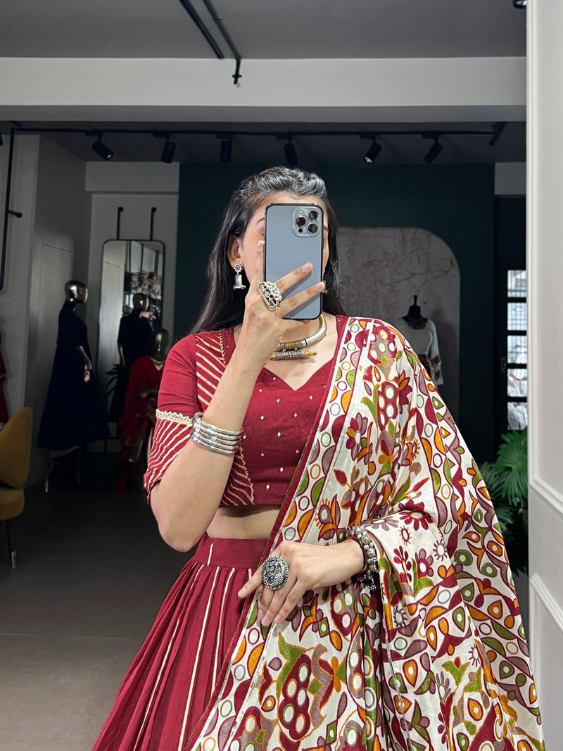 Womenline Traditional Maroon Color Chanderi Navratri Lehenga Choli
