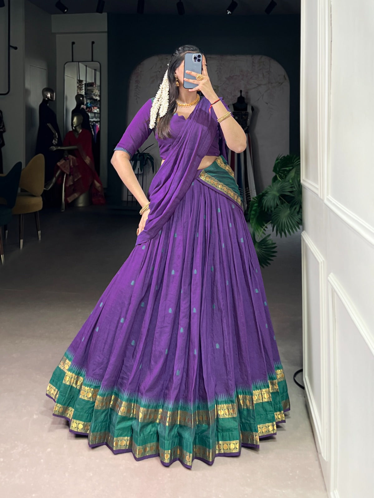 Womenline Elegant Purple Chanderi cotton half saree lehenga choli