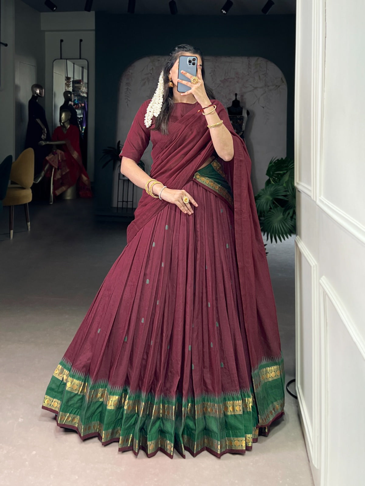 Womenline Elegant Maroon Chanderi cotton half saree lehenga choli