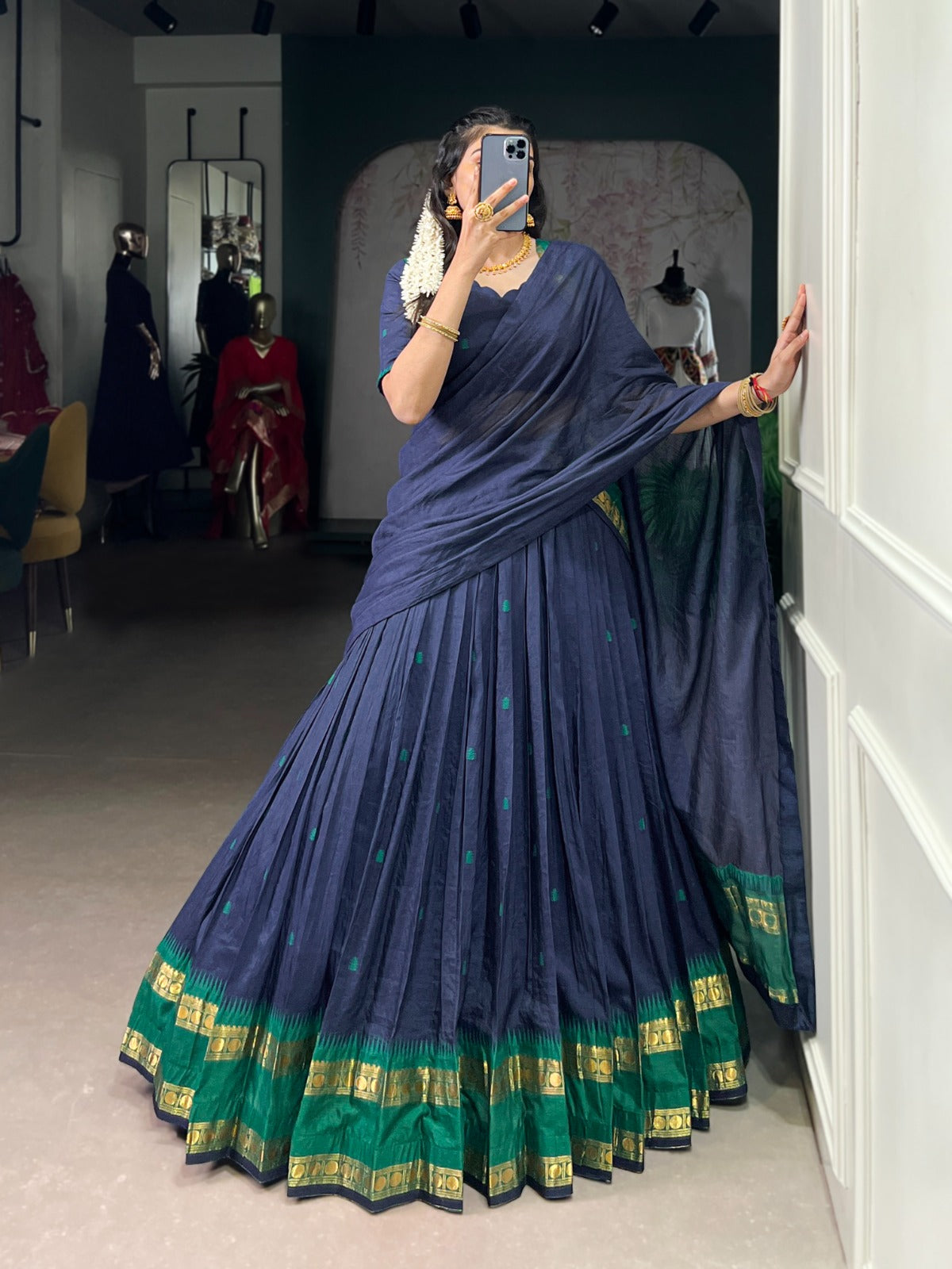 Womenline Elegant Navy Blue Chanderi cotton half saree lehenga choli