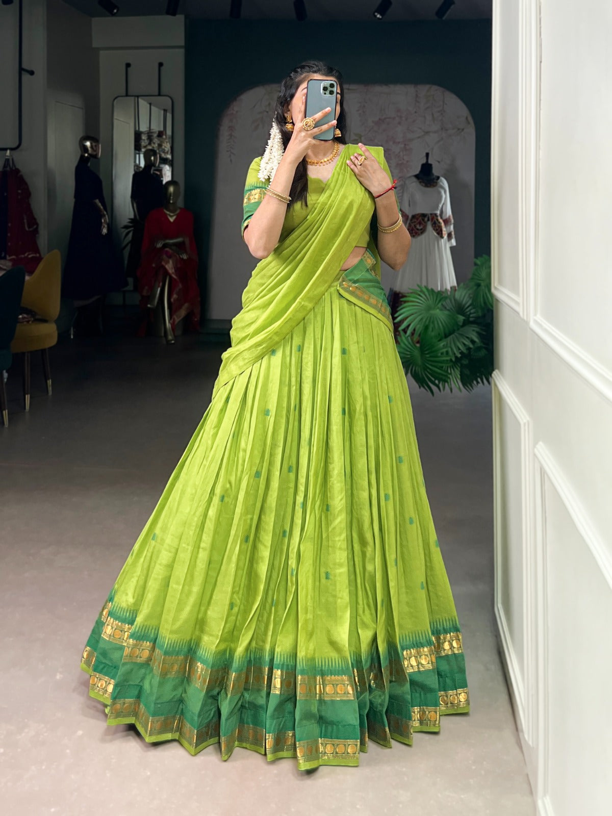 Womenline Elegant Parrot Green Chanderi cotton half saree lehenga choli