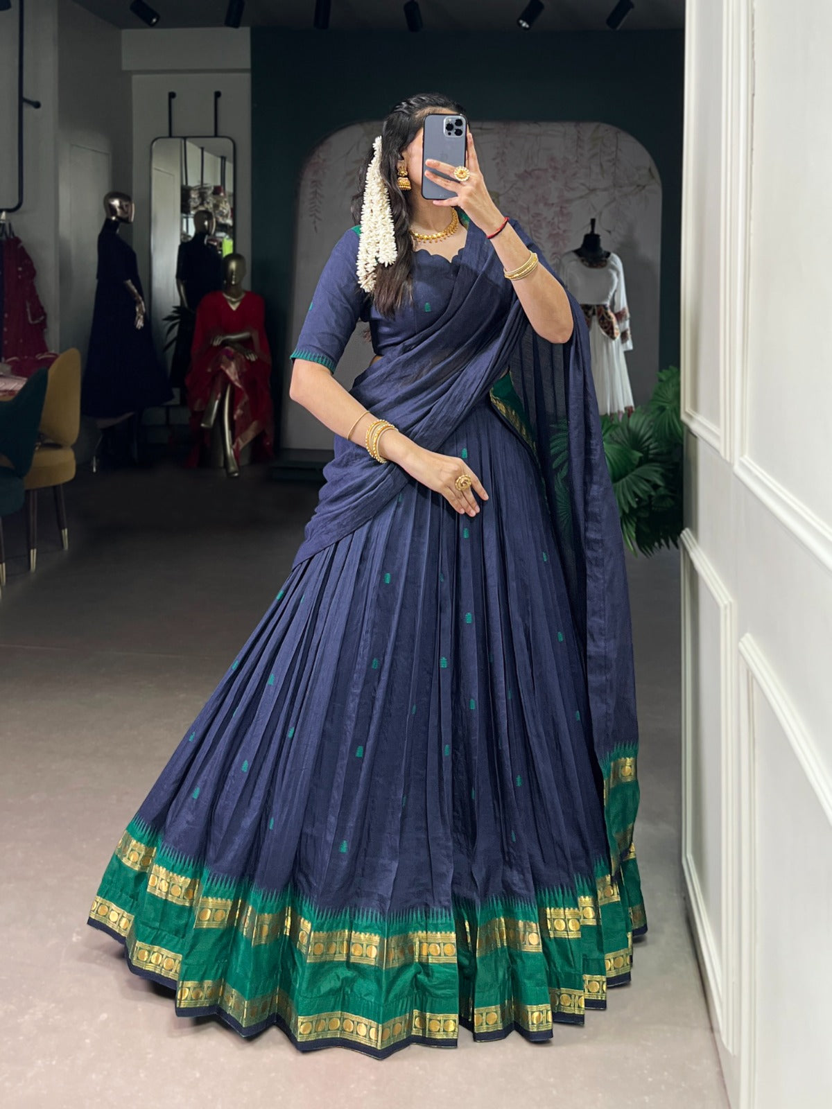 Womenline Elegant Navy Blue Chanderi cotton half saree lehenga choli