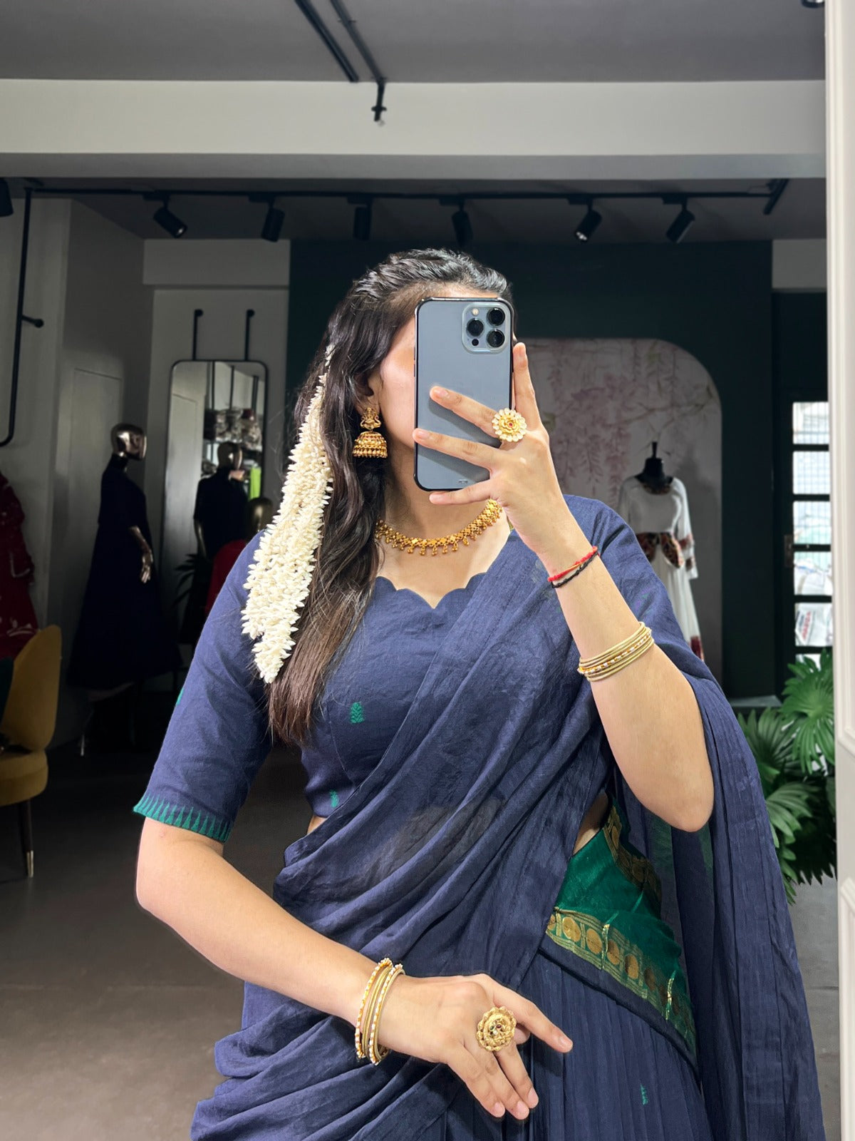 Womenline Elegant Navy Blue Chanderi cotton half saree lehenga choli