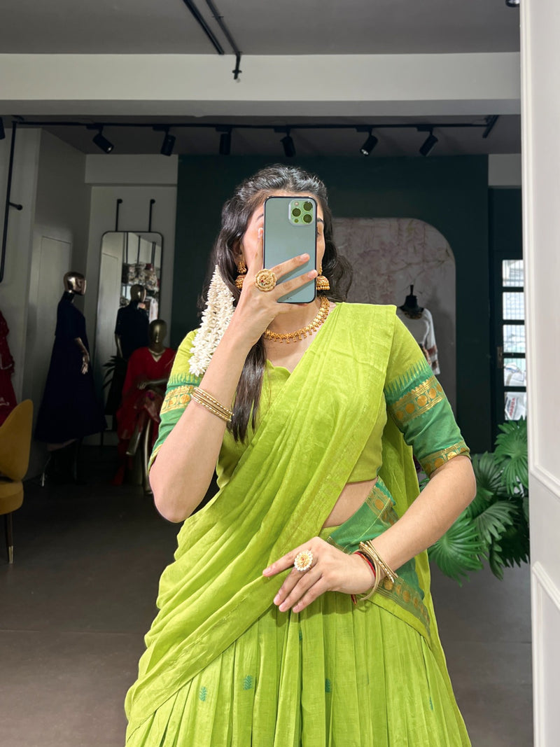 Womenline Elegant Parrot Green Chanderi cotton half saree lehenga choli