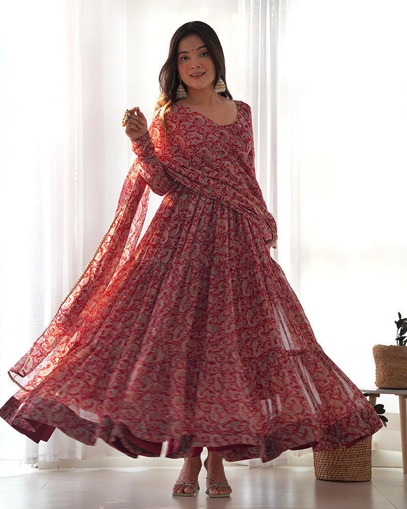 Womemline Maroon Color Georgette Three Layer Ruffle Style Anarkali Suit