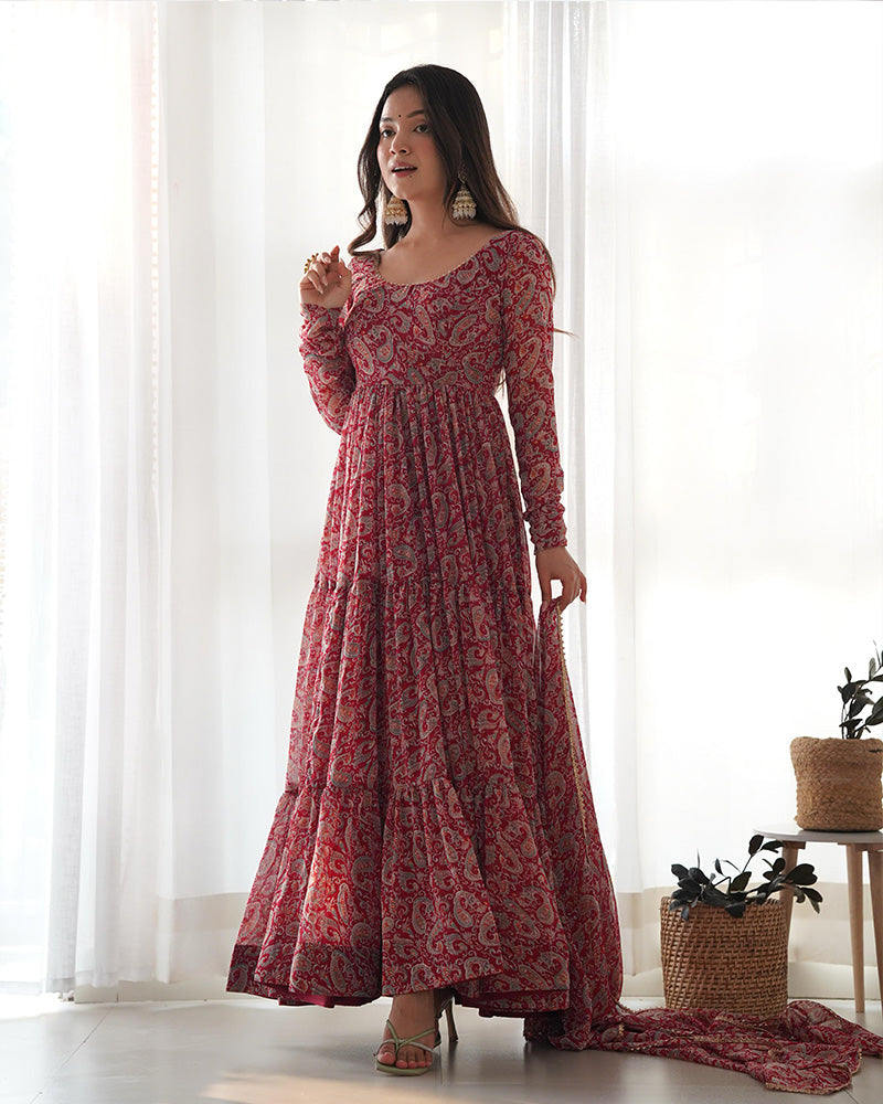 Womemline Maroon Color Georgette Three Layer Ruffle Style Anarkali Suit