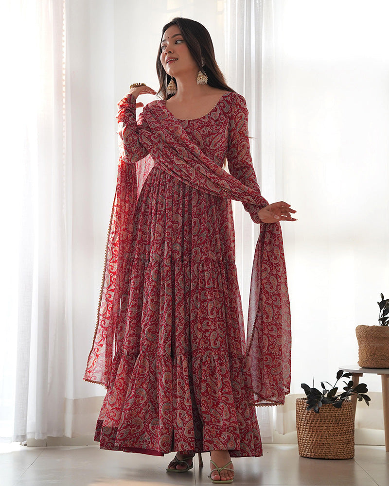 Womemline Maroon Color Georgette Three Layer Ruffle Style Anarkali Suit