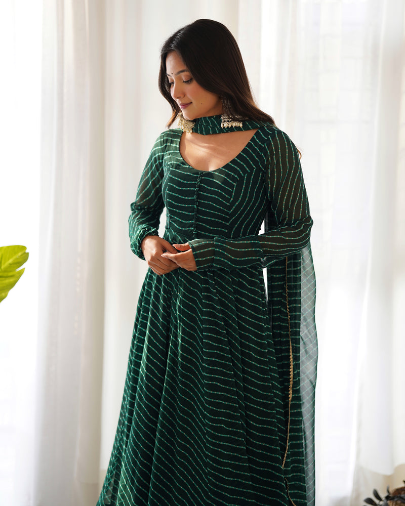 WomenLine Green Color Laheriya Print Georgette Three Piece Anarkali Suit