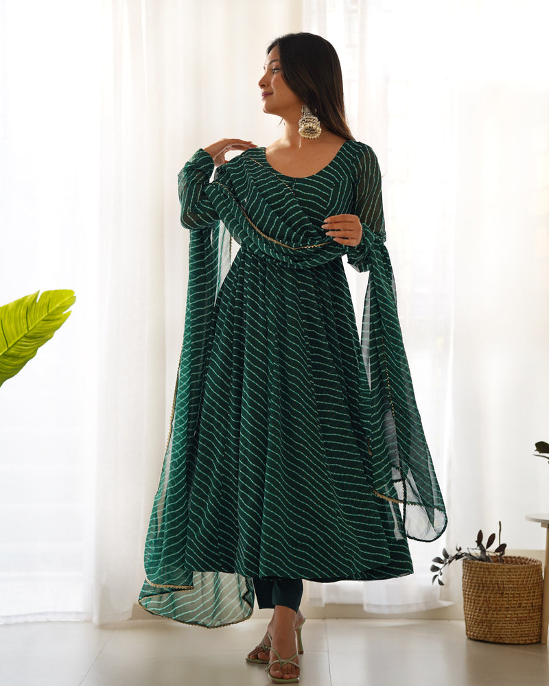 WomenLine Green Color Laheriya Print Georgette Three Piece Anarkali Suit