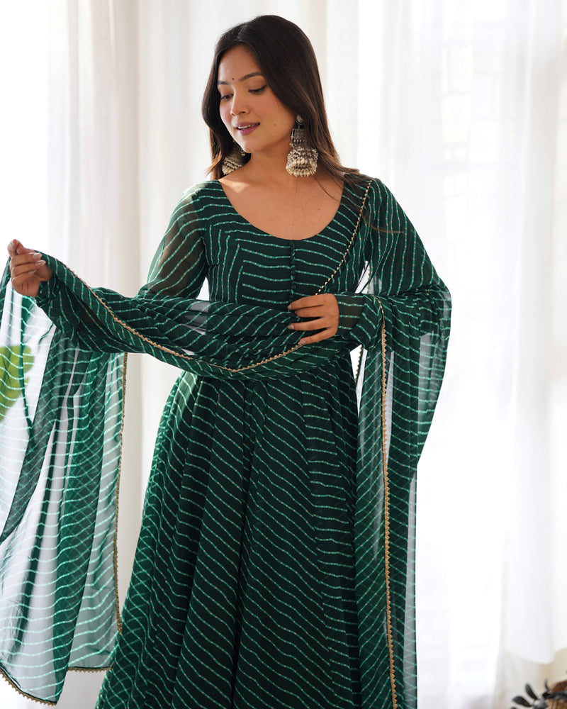WomenLine Green Color Laheriya Print Georgette Three Piece Anarkali Suit