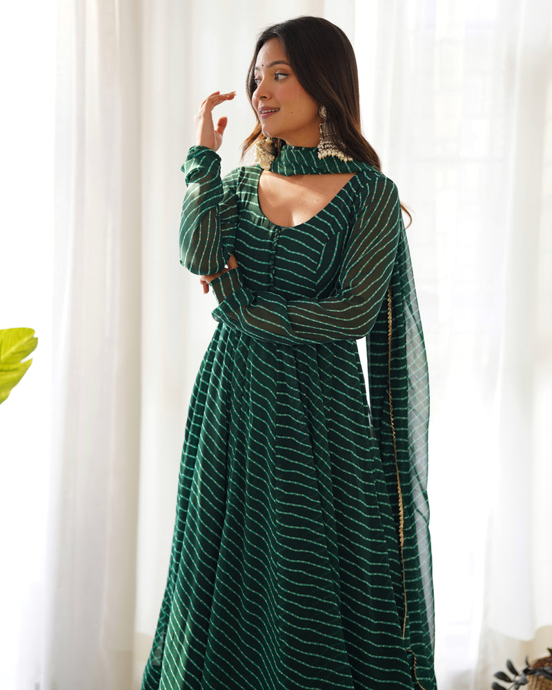 WomenLine Green Color Laheriya Print Georgette Three Piece Anarkali Suit