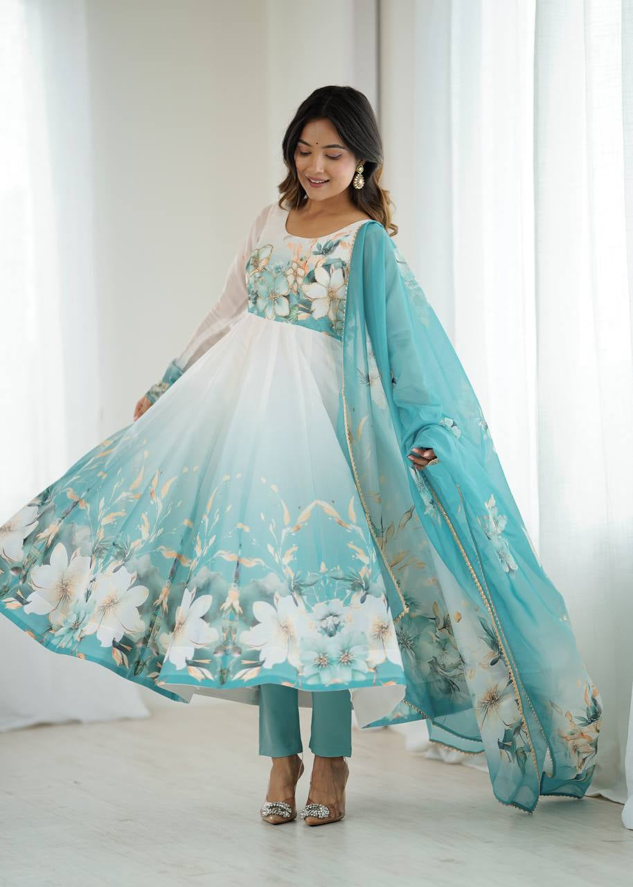 Womenline Aqua Blue Floral Print Organza Three Piece Anarkali Suit