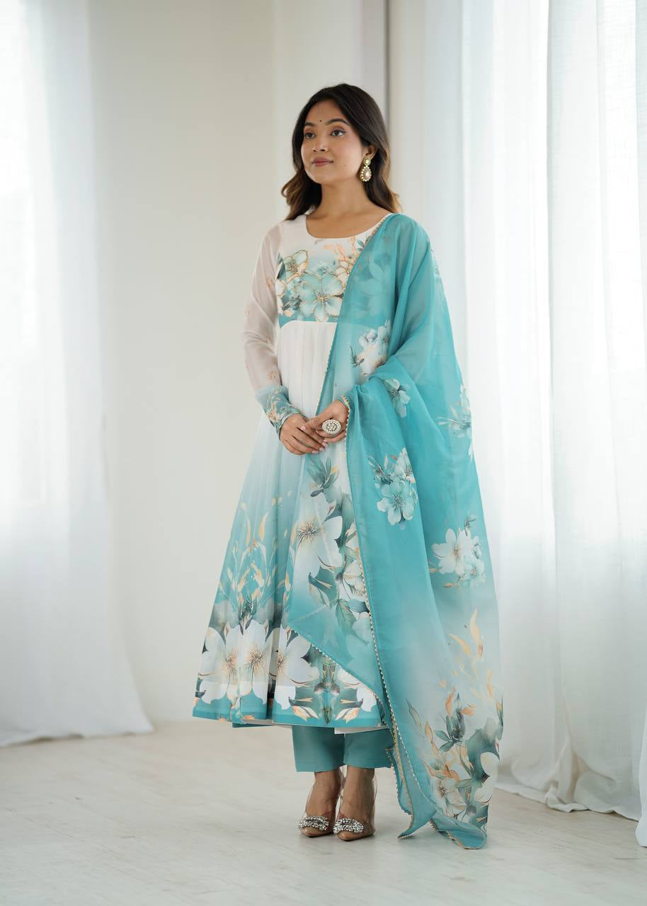 Womenline Aqua Blue Floral Print Organza Three Piece Anarkali Suit