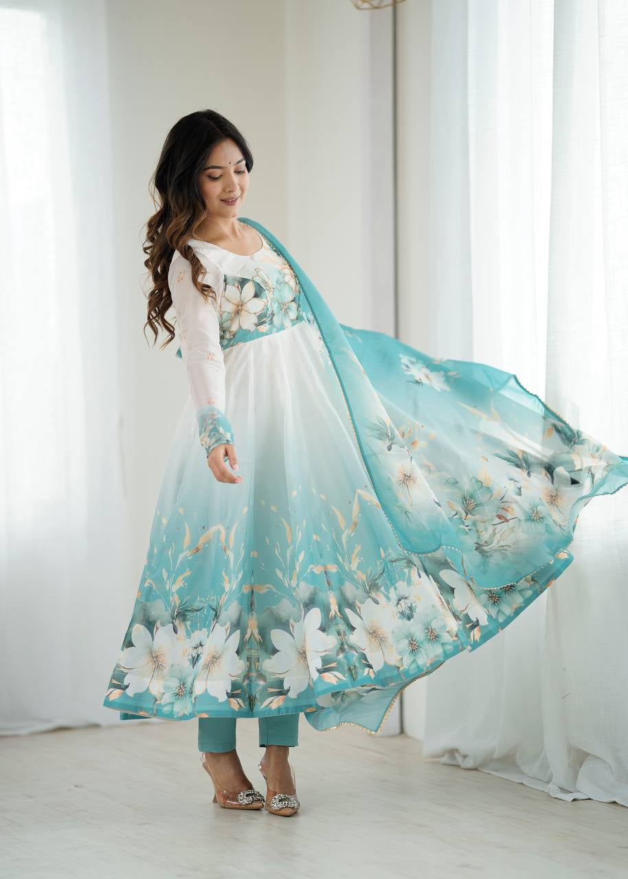 Womenline Aqua Blue Floral Print Organza Three Piece Anarkali Suit